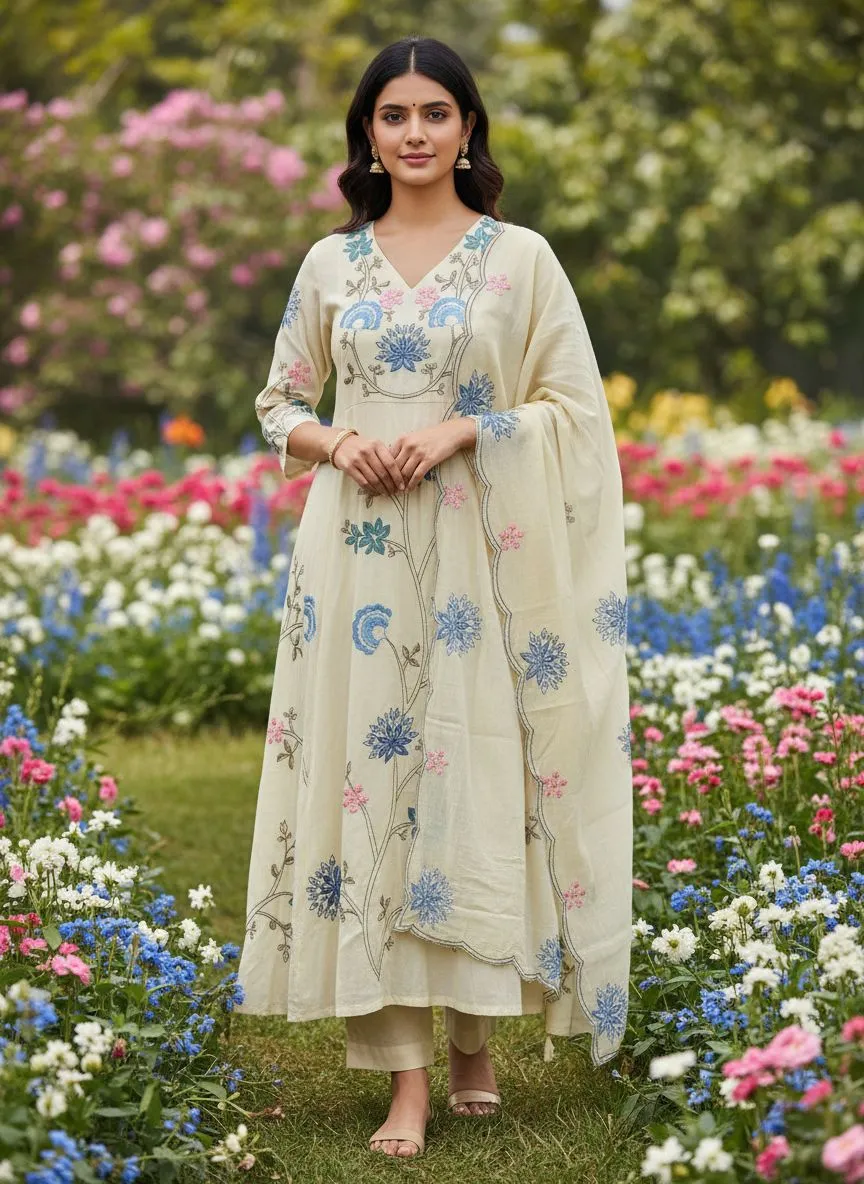 Embroidered Beige 3pc Set