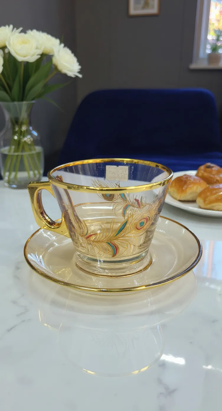 Glass Teacup with Peacock Feather Design