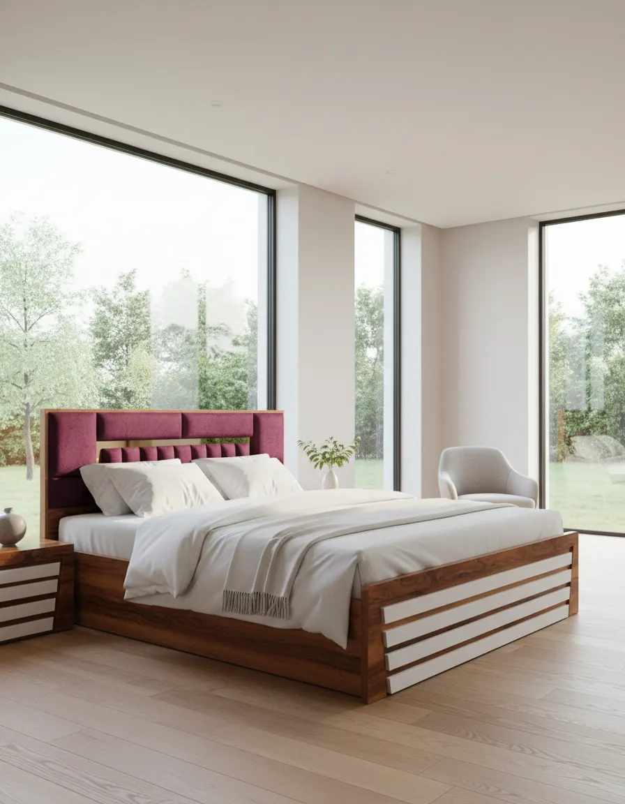 Luxury Wooden Bed with Upholstered Headboard