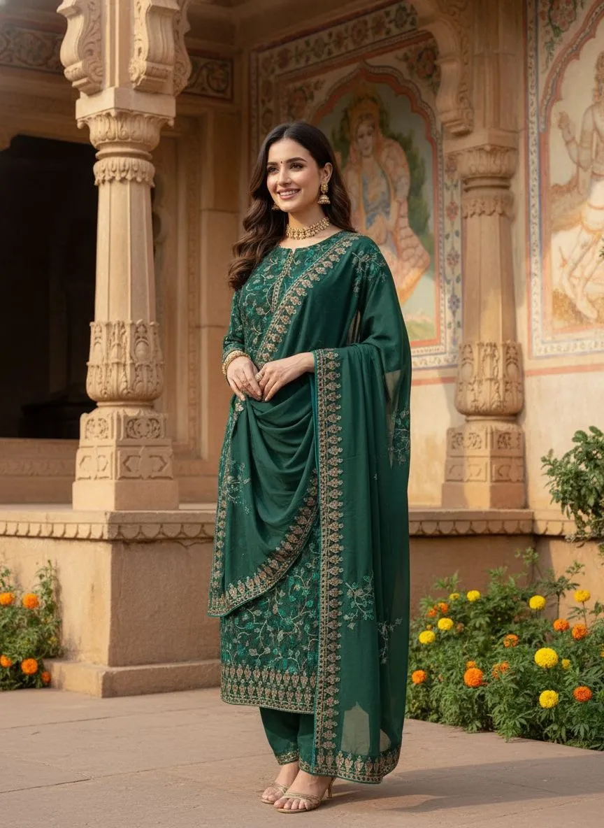 Green Embroidered Kurta Set