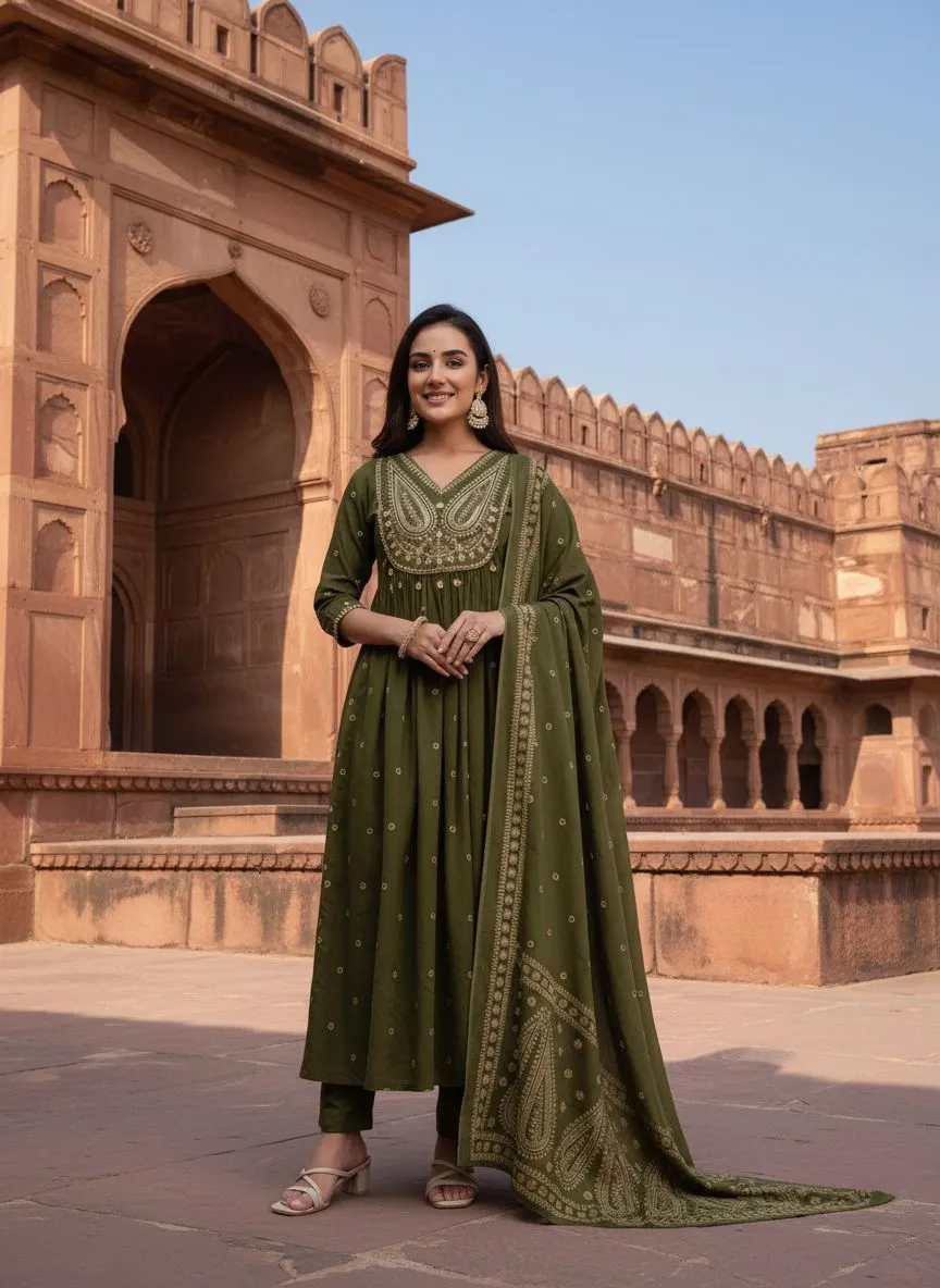 Embroidered Olive Festive Anarkali