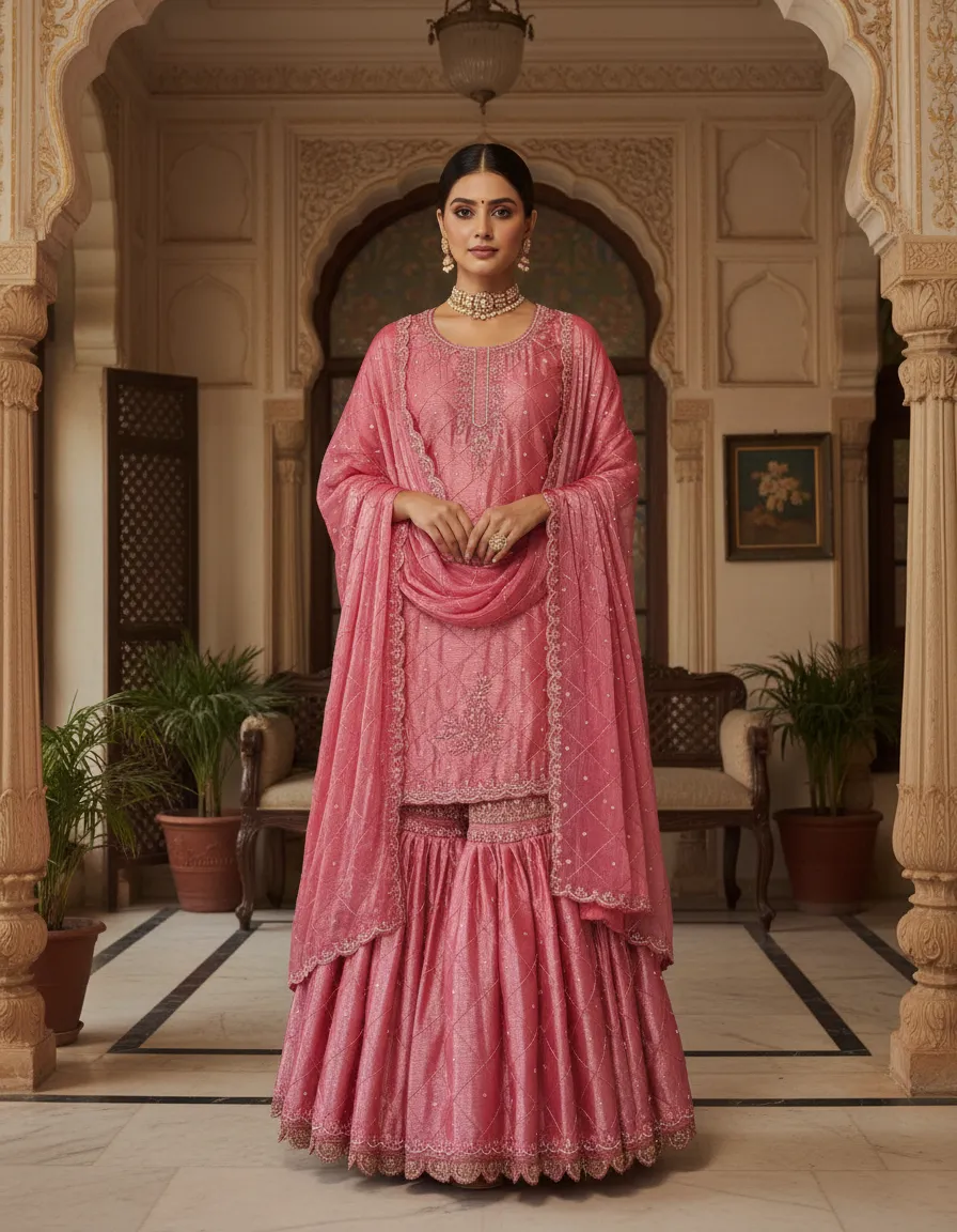 Pink Embroidered Garara Sharara