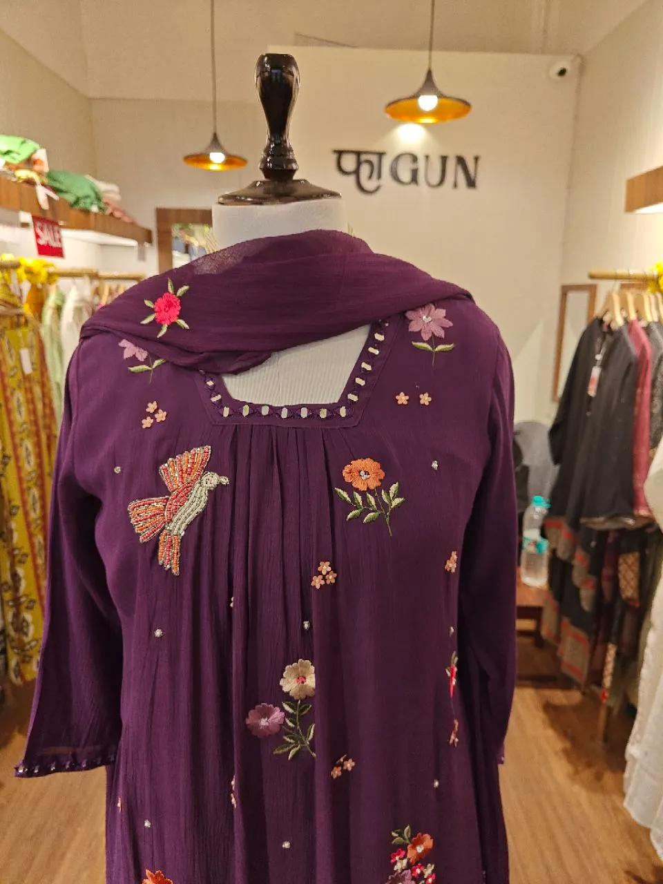 Aubergine Chiffon Kurta Set With Multi Floral Embroidery view 5