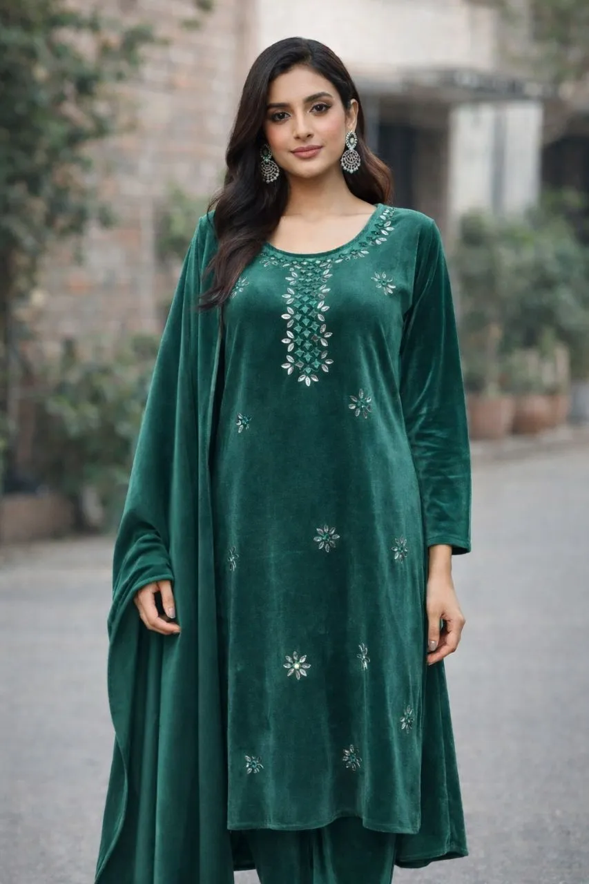 Embroidered Bottle Green Velvet Suit