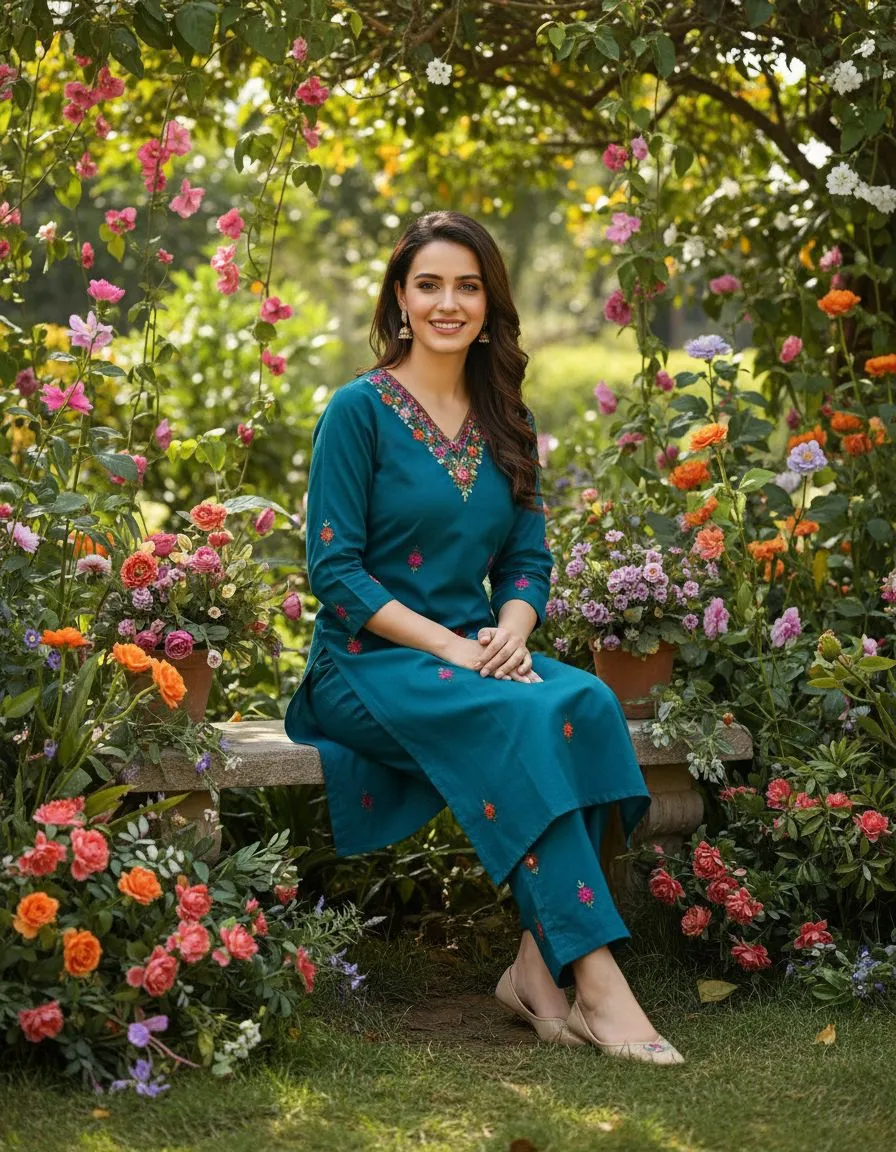 Teal Embroidered Kurta Set view 2
