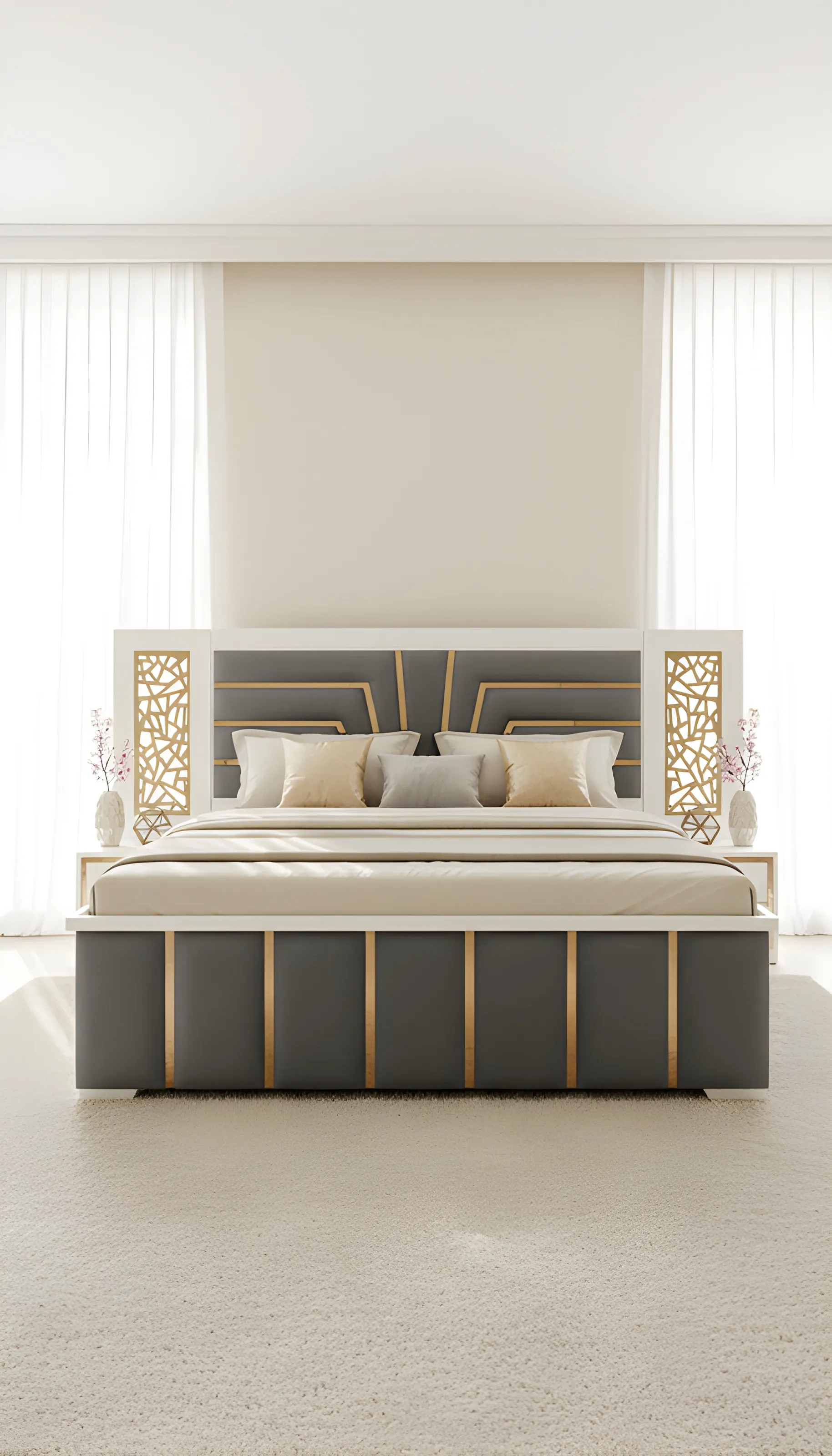 Luxury Upholstered Bed With Side Tables