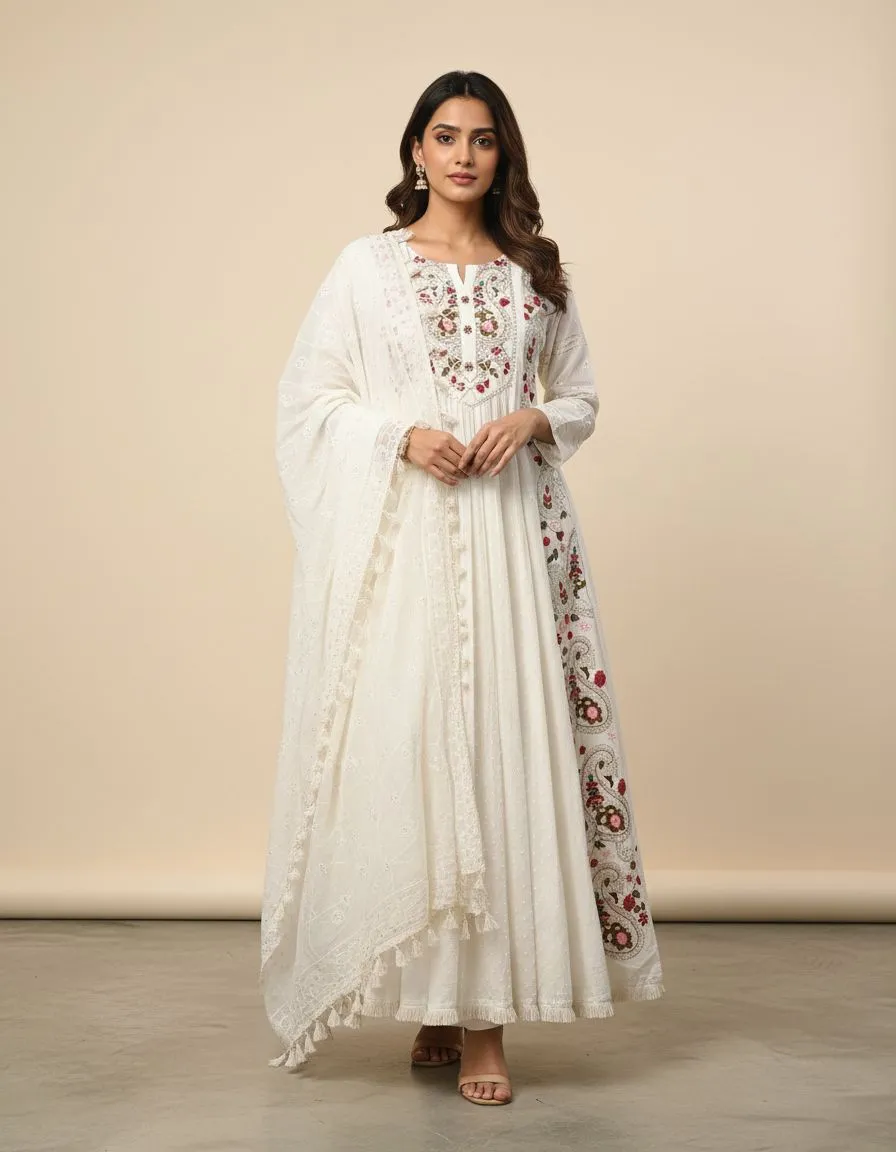 Embroidered Off White Anarkali Kurta Set With Dupatta Hand Embroidery Design