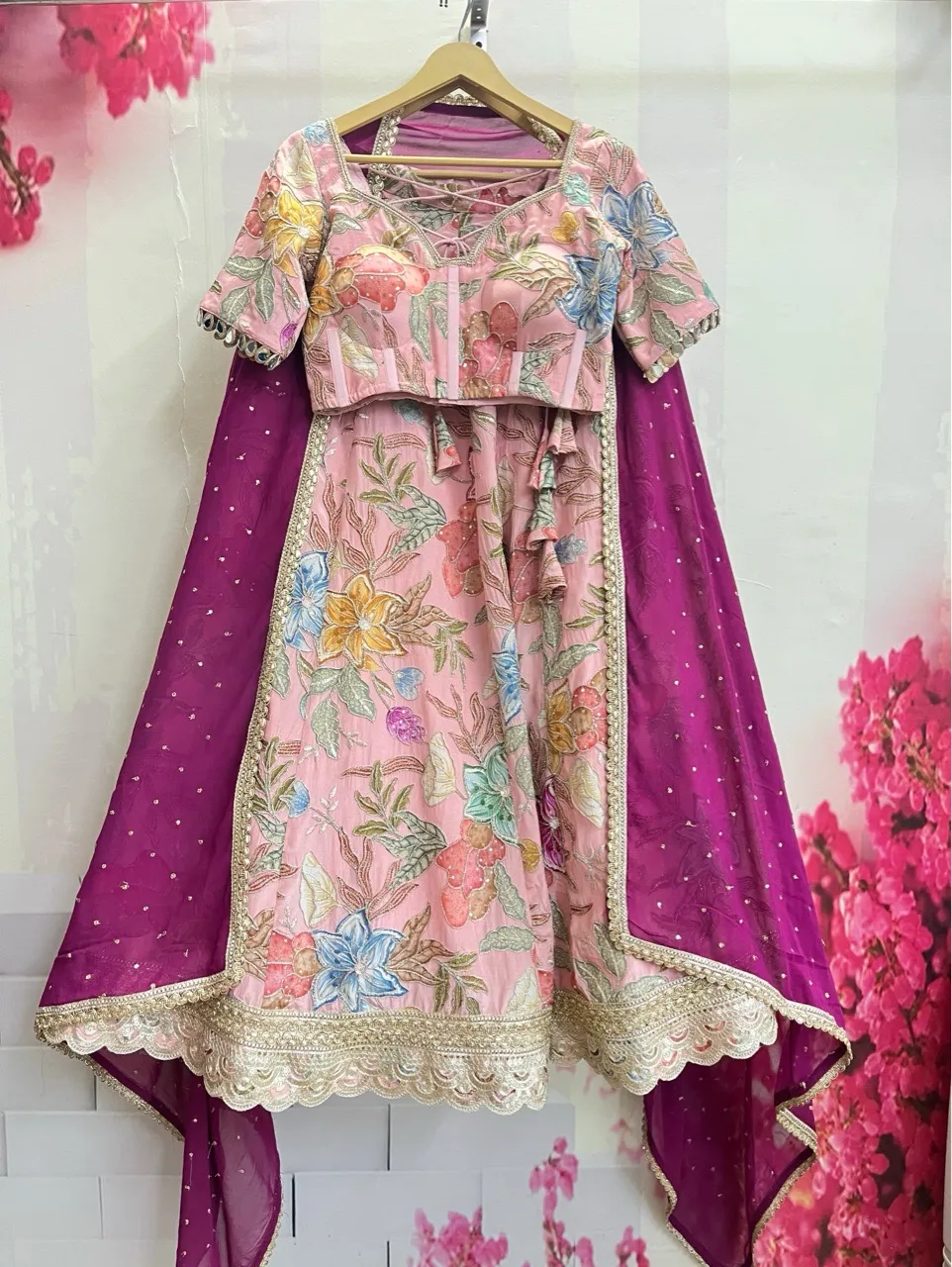 ‘Gulzar’ Corset Lehenga with sleeves - Peach view 2