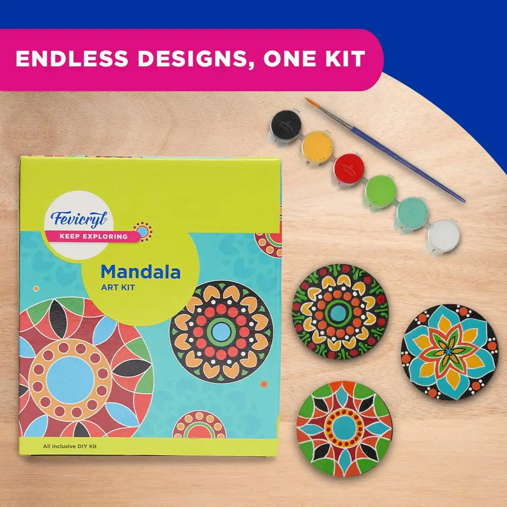 Fevicryl Mandala Art Kit | All-Inclusive DIY Kit with Wooden Coasters, Acrylic Colours & Brush view 2