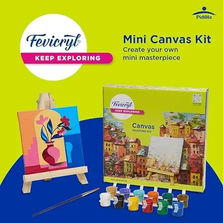 Fevicryl Canvas Painting Kit, All-Inclusive DIY Art Kit with Mini Canvas, Fevicryl Acrylic Colours, Painting Brush and Wooden Easel, Ideal Gift for Students, Beginners view 2