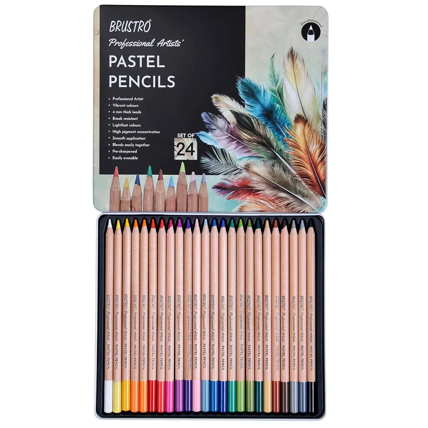 BRUSTRO Artists Pastel Colored Pencils - Set of 24 Shades - 4mm Lead | Break Resistant, Erasable, High Pigmented, Vibrant Colours | Ideal for Drawing, Mandala, Shading, Portrait, Fine Art Students