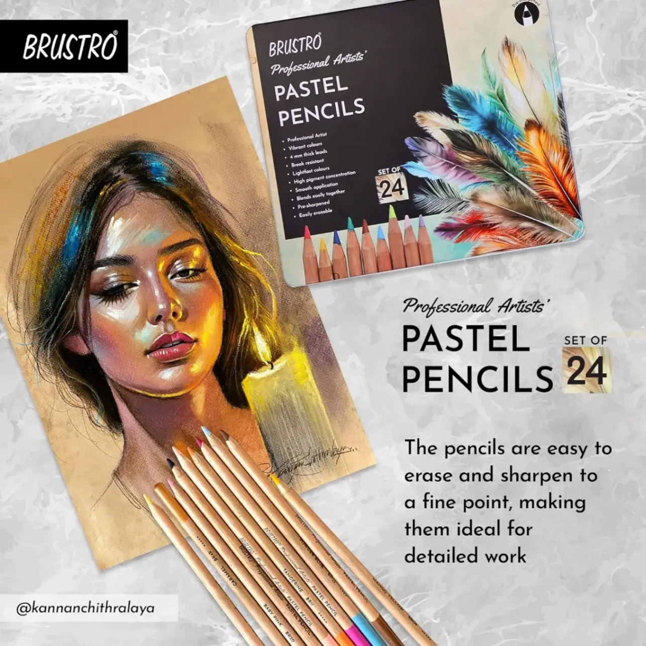 BRUSTRO Artists Pastel Colored Pencils - Set of 24 Shades - 4mm Lead | Break Resistant, Erasable, High Pigmented, Vibrant Colours | Ideal for Drawing, Mandala, Shading, Portrait, Fine Art Students view 3