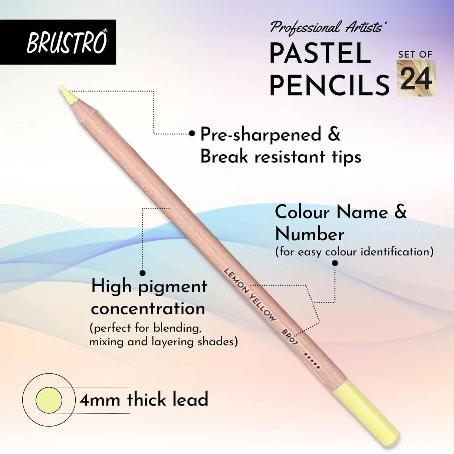 BRUSTRO Artists Pastel Colored Pencils - Set of 24 Shades - 4mm Lead | Break Resistant, Erasable, High Pigmented, Vibrant Colours | Ideal for Drawing, Mandala, Shading, Portrait, Fine Art Students view 4