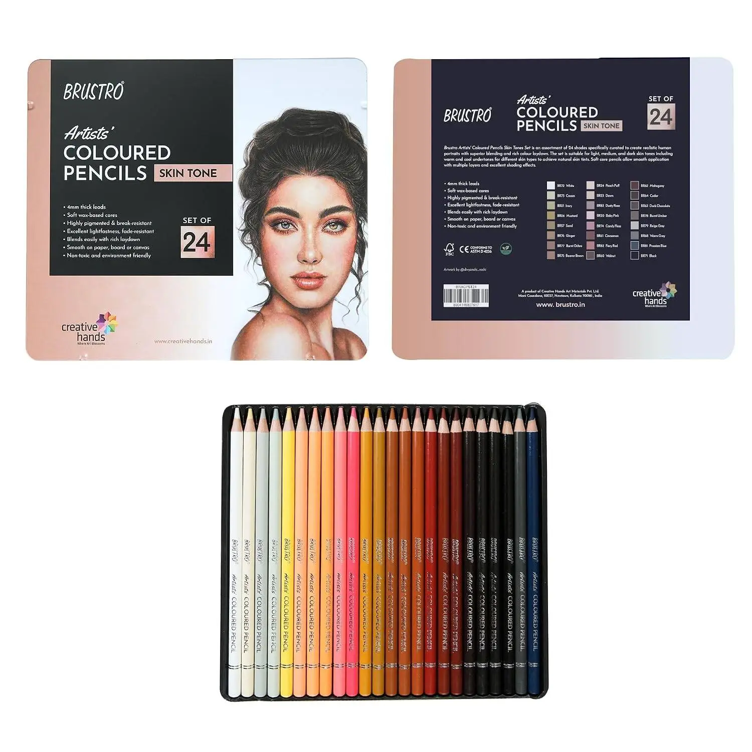 BRUSTRO Artist's Colour Pencil Skin Tone| Set of 24 (in an Elegant tin Box) | Ideal for Coloring, Vibrant shades, human face, Break & Fade resistant, DIY Art,Highly Pigmented, Mandala, Portrait view 2