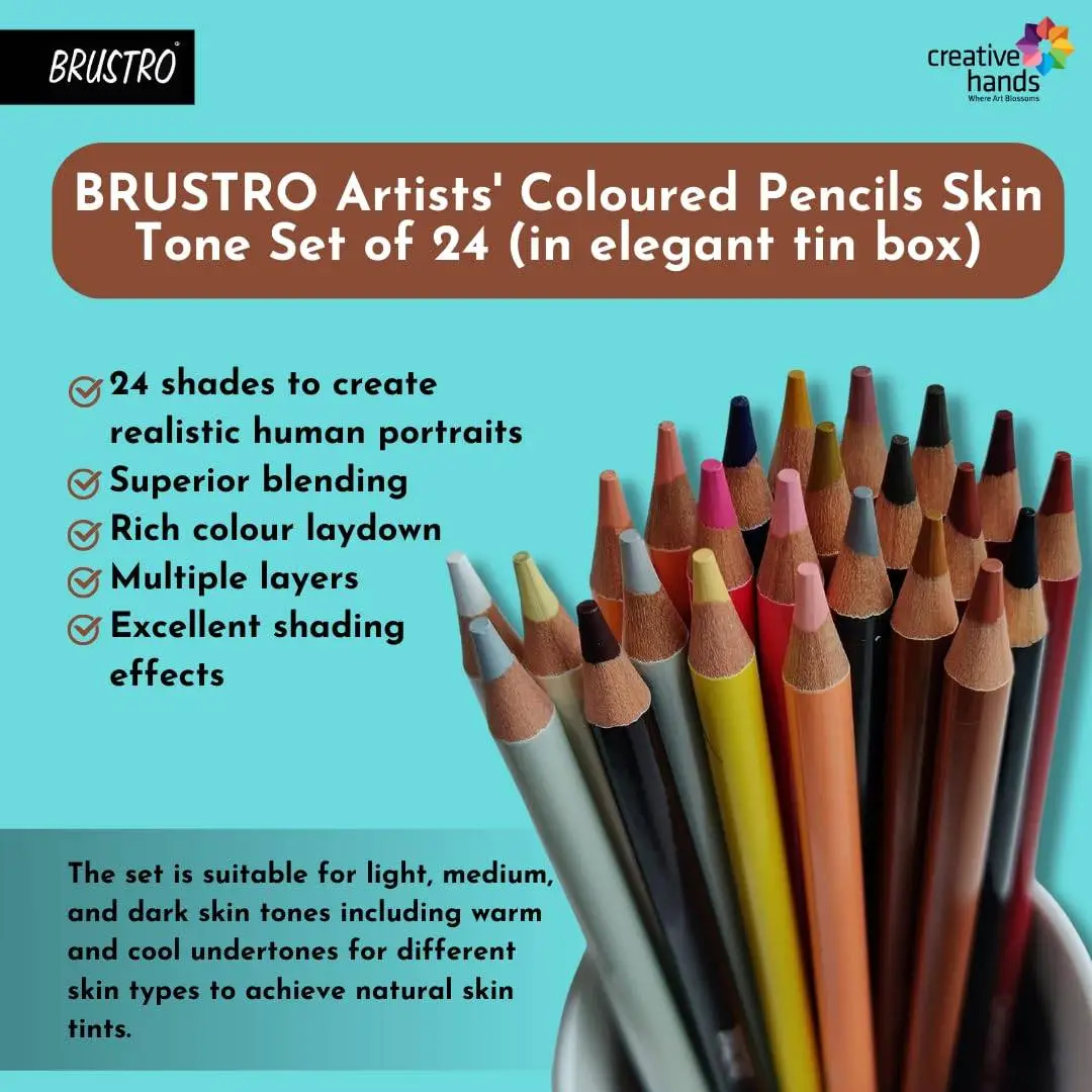 BRUSTRO Artist's Colour Pencil Skin Tone| Set of 24 (in an Elegant tin Box) | Ideal for Coloring, Vibrant shades, human face, Break & Fade resistant, DIY Art,Highly Pigmented, Mandala, Portrait view 3