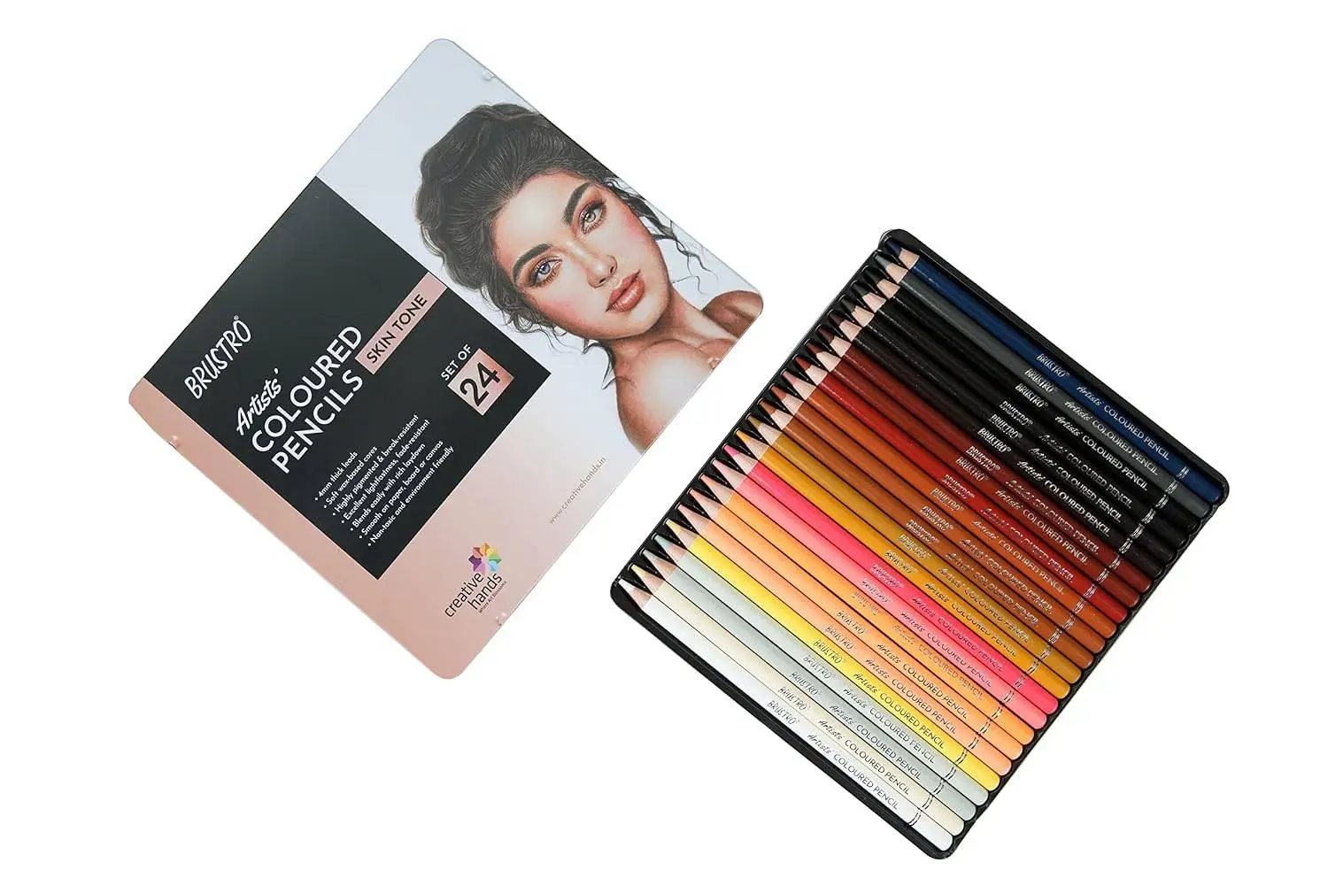 BRUSTRO Artist's Colour Pencil Skin Tone| Set of 24 (in an Elegant tin Box) | Ideal for Coloring, Vibrant shades, human face, Break & Fade resistant, DIY Art,Highly Pigmented, Mandala, Portrait view 5