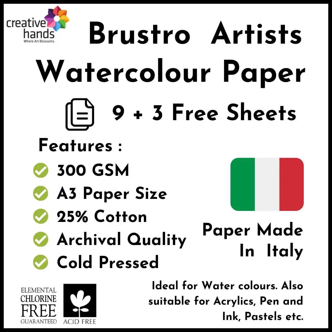 BRUSTRO Artists 25% Cotton Watercolour Paper| 300 GSM,Size A3, Cold Pressed | Pack of 12 Sheets| Ideal for Artist, Professional Drawing, Painting Dry & Wet, Fine Arts Students view 2