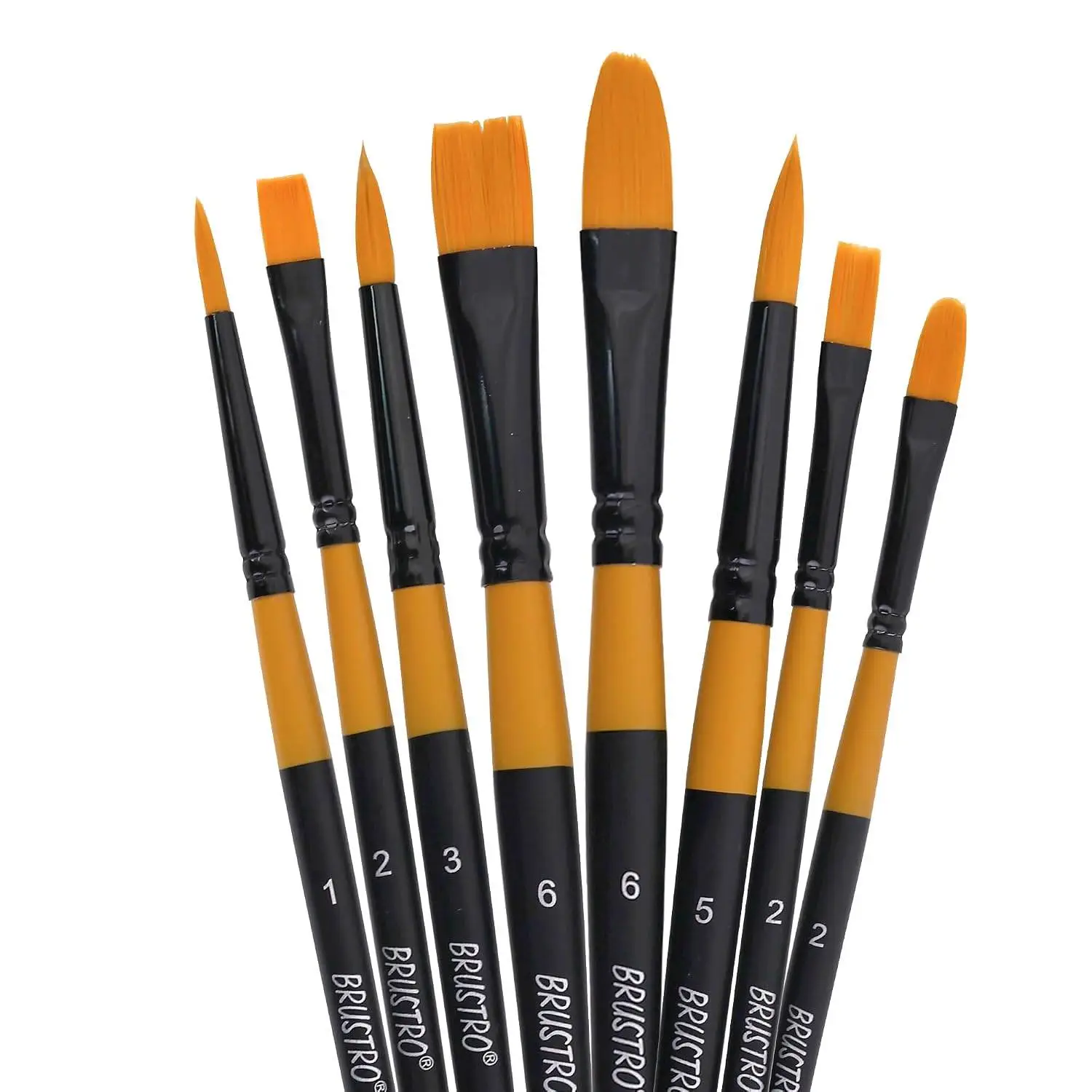 BRUSTRO Gold Taklon Artist's Brushes | Set of 8 | Sizes - Round (1,3,5), Bright (2,6), Filbert (2,6), and Flat (2) | Matte Finish, Ideal for Acrylic, Watercolour, Oil Paintings, School, Office Use view 2