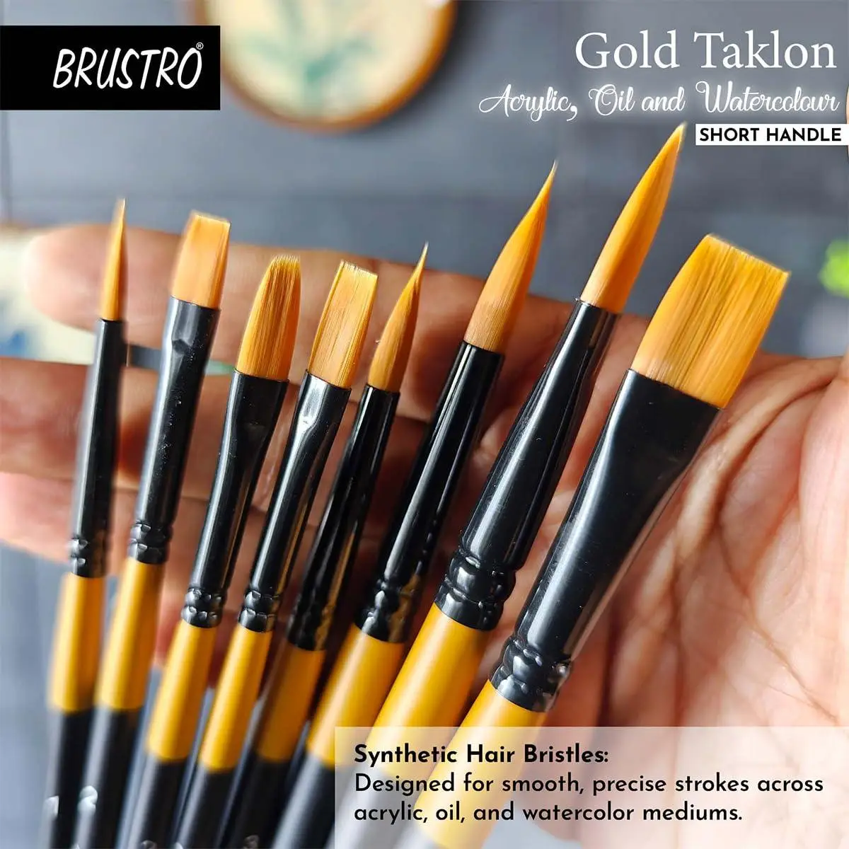 BRUSTRO Gold Taklon Artist's Brushes | Set of 8 | Sizes - Round (1,3,5), Bright (2,6), Filbert (2,6), and Flat (2) | Matte Finish, Ideal for Acrylic, Watercolour, Oil Paintings, School, Office Use view 4
