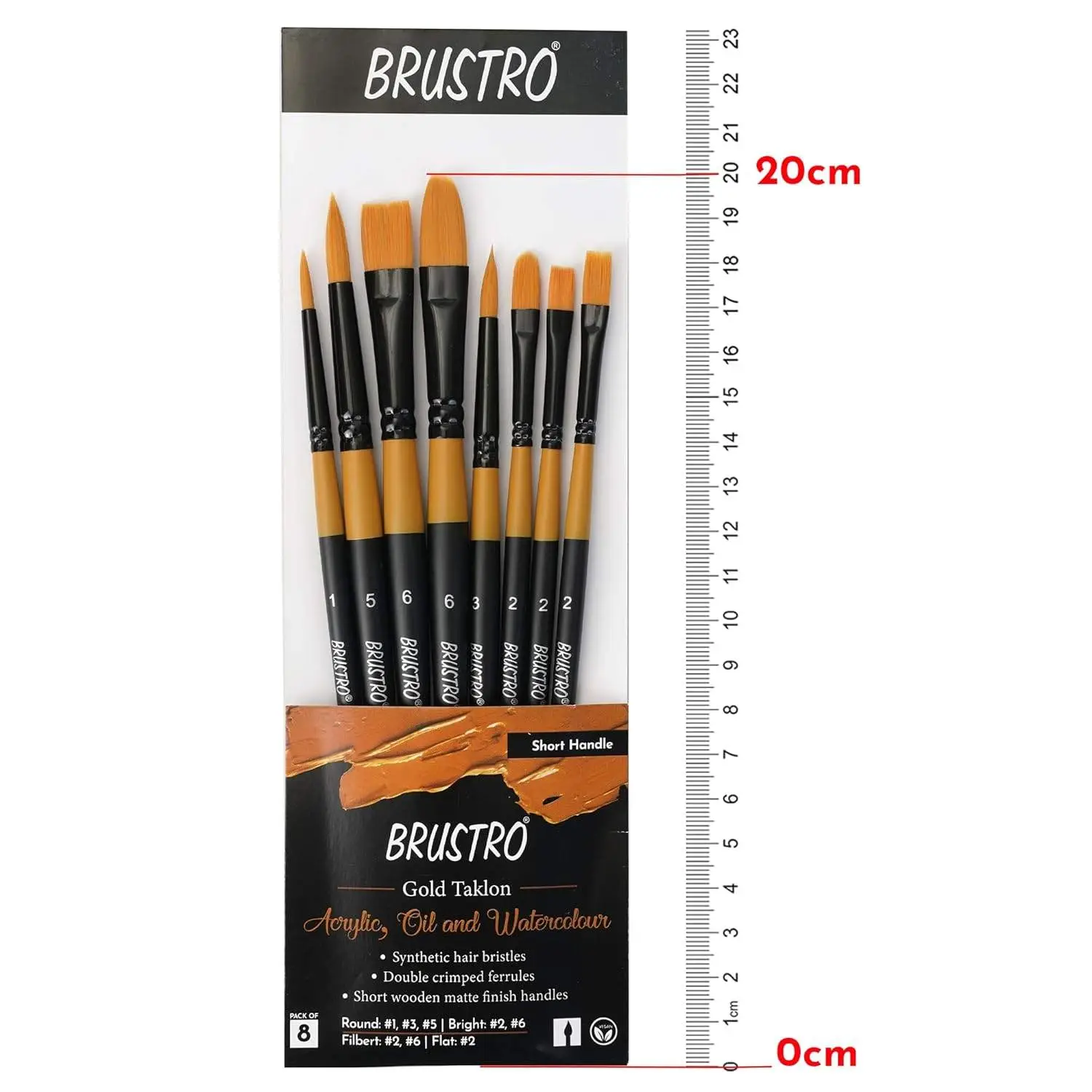 BRUSTRO Gold Taklon Artist's Brushes | Set of 8 | Sizes - Round (1,3,5), Bright (2,6), Filbert (2,6), and Flat (2) | Matte Finish, Ideal for Acrylic, Watercolour, Oil Paintings, School, Office Use view 5