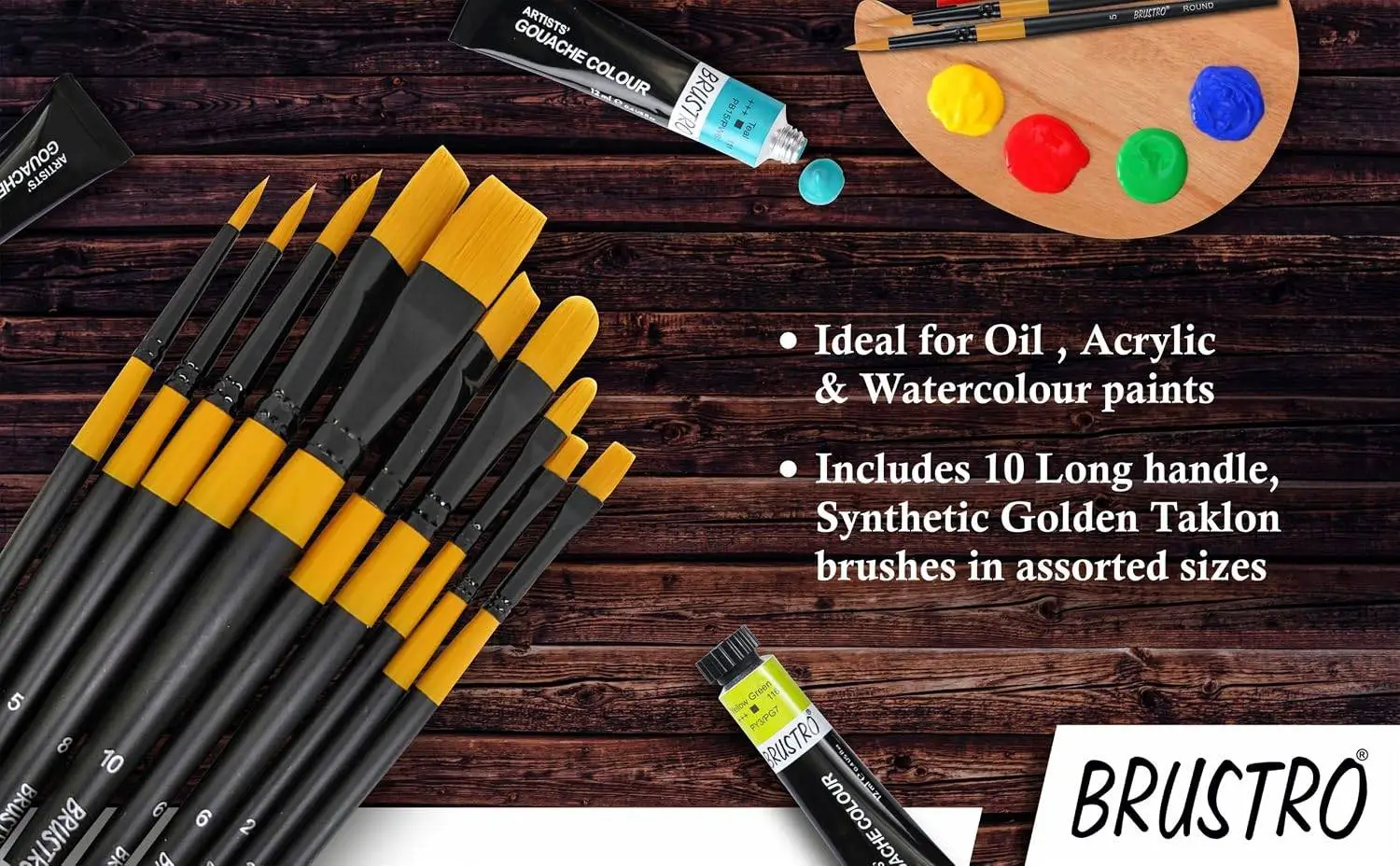 Brustro Artists Gold Taklon Brushes Set of 10| Ideal for Acrylics, Oil Paintings, Watercolour | Long Handle, Bright, Filbert, Flat, Round, Professional Art, School, Office Use view 2