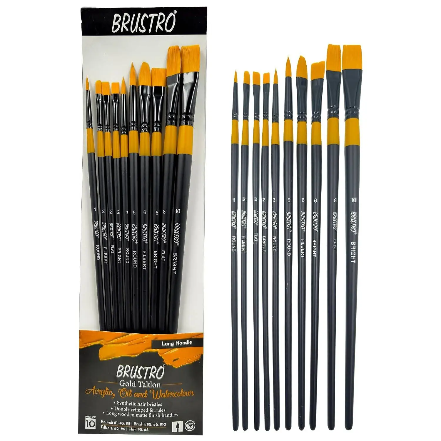 Brustro Artists Gold Taklon Brushes Set of 10| Ideal for Acrylics, Oil Paintings, Watercolour | Long Handle, Bright, Filbert, Flat, Round, Professional Art, School, Office Use view 3