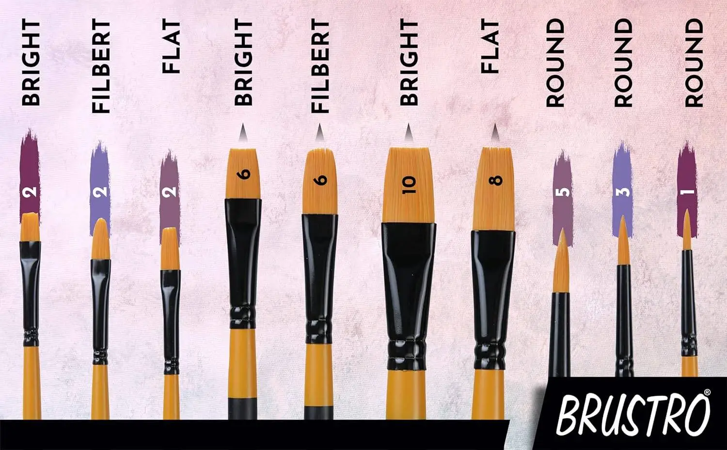 Brustro Artists Gold Taklon Brushes Set of 10| Ideal for Acrylics, Oil Paintings, Watercolour | Long Handle, Bright, Filbert, Flat, Round, Professional Art, School, Office Use view 4