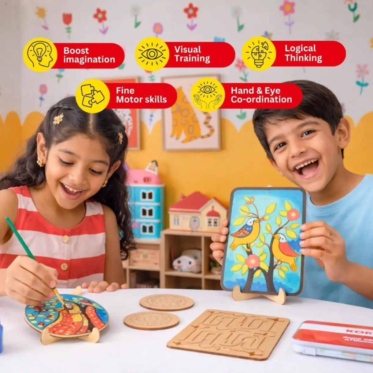 Kores Madhubani Art Kit for Kids (8–18 Years) | Traditional Indian Folk Art DIY Kit | Paint 4 Coasters & 2 Wall Hangers | 40+ Elements | Creative Craft Set view 3