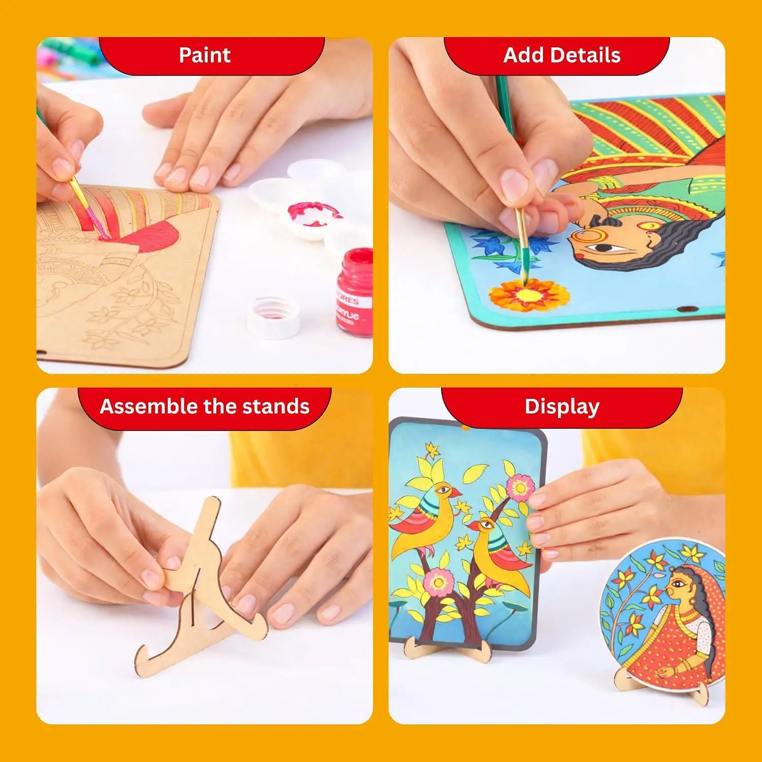 Kores Madhubani Art Kit for Kids (8–18 Years) | Traditional Indian Folk Art DIY Kit | Paint 4 Coasters & 2 Wall Hangers | 40+ Elements | Creative Craft Set view 4