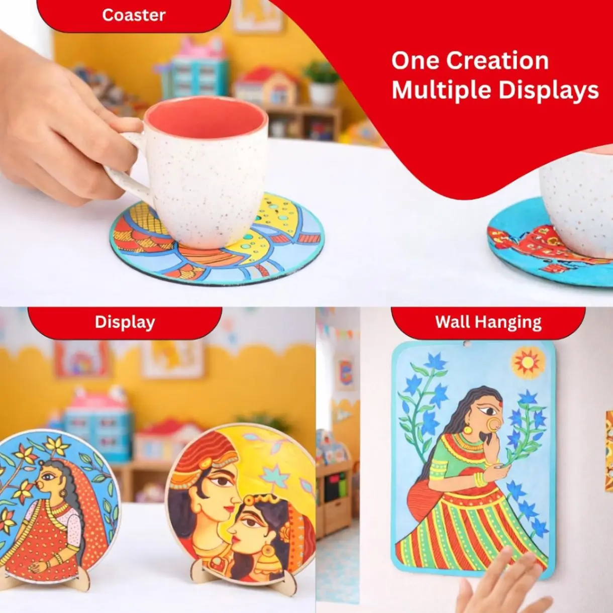Kores Madhubani Art Kit for Kids (8–18 Years) | Traditional Indian Folk Art DIY Kit | Paint 4 Coasters & 2 Wall Hangers | 40+ Elements | Creative Craft Set view 5