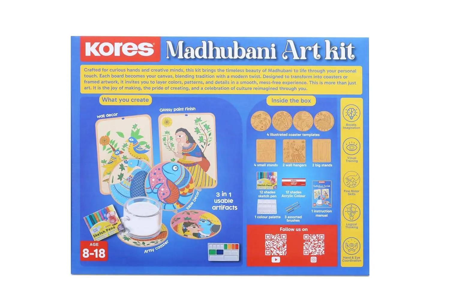 Kores Madhubani Art Kit for Kids (8–18 Years) | Traditional Indian Folk Art DIY Kit | Paint 4 Coasters & 2 Wall Hangers | 40+ Elements | Creative Craft Set view 6