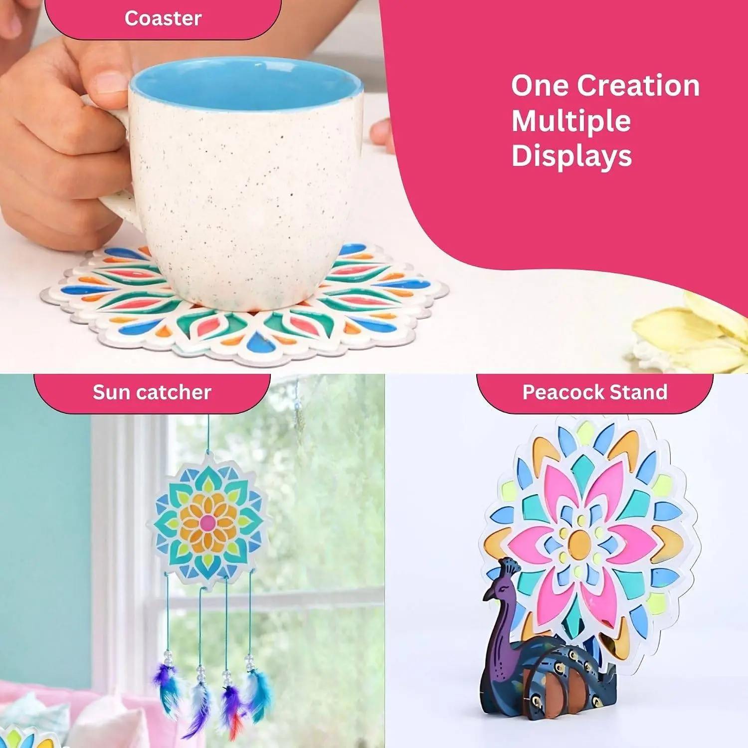 Kores Mandala Art Kit for Kids (6–18 Years) | Glass Paint DIY Art & Craft Kit | Make Coasters & Dreamcatchers | 50+ Elements | Creative & Mindful Activity view 2