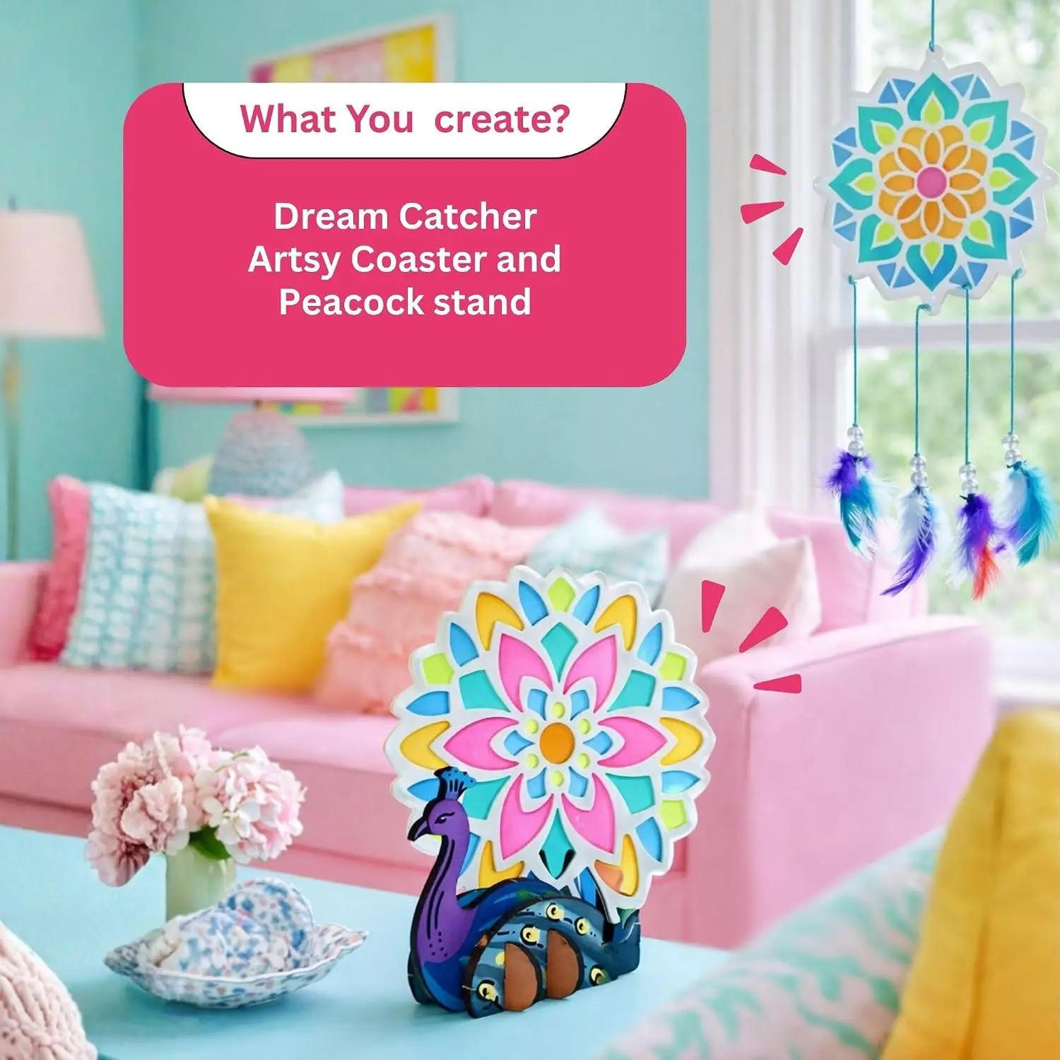 Kores Mandala Art Kit for Kids (6–18 Years) | Glass Paint DIY Art & Craft Kit | Make Coasters & Dreamcatchers | 50+ Elements | Creative & Mindful Activity view 4