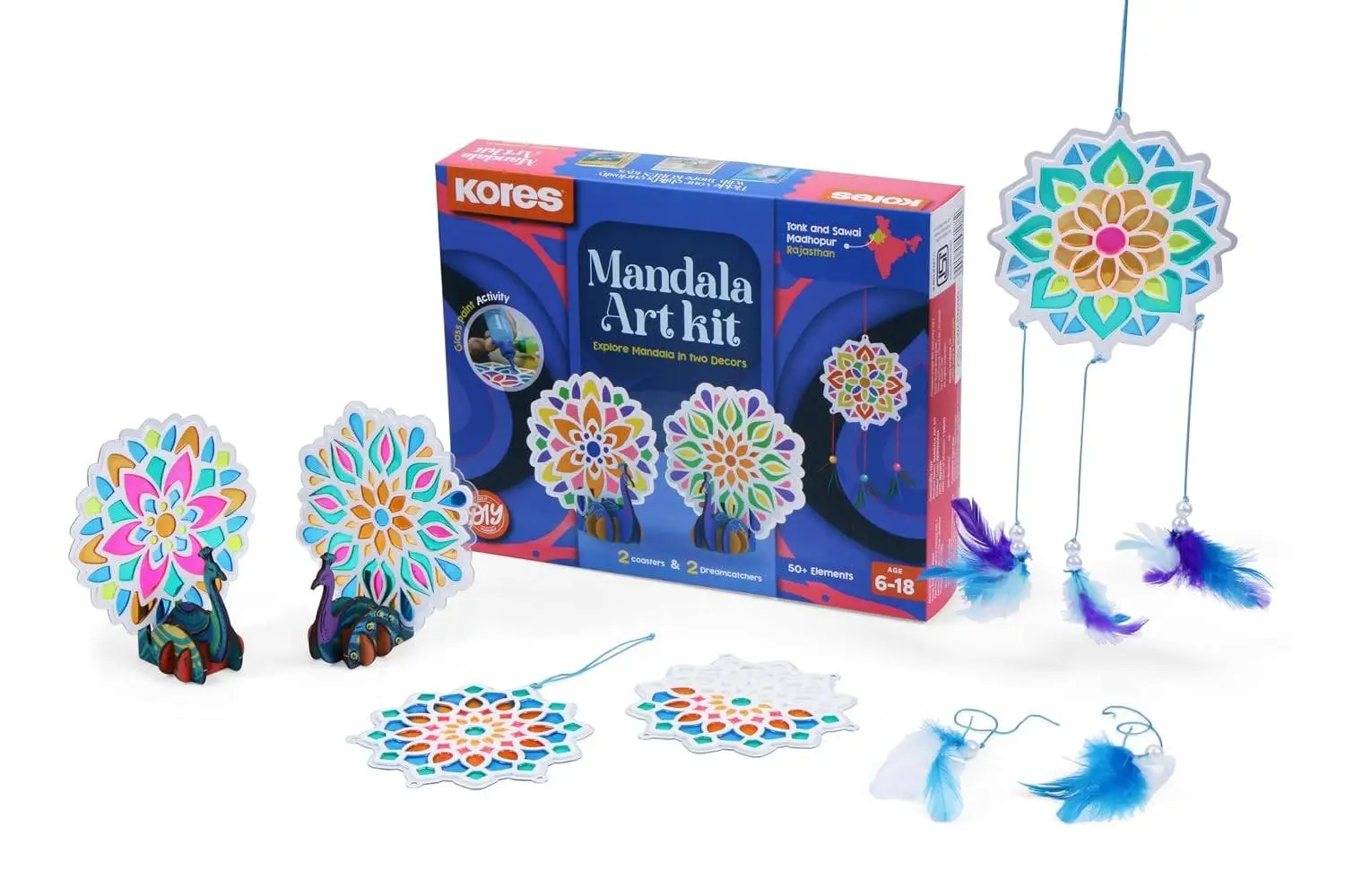 Kores Mandala Art Kit for Kids (6–18 Years) | Glass Paint DIY Art & Craft Kit | Make Coasters & Dreamcatchers | 50+ Elements | Creative & Mindful Activity view 6