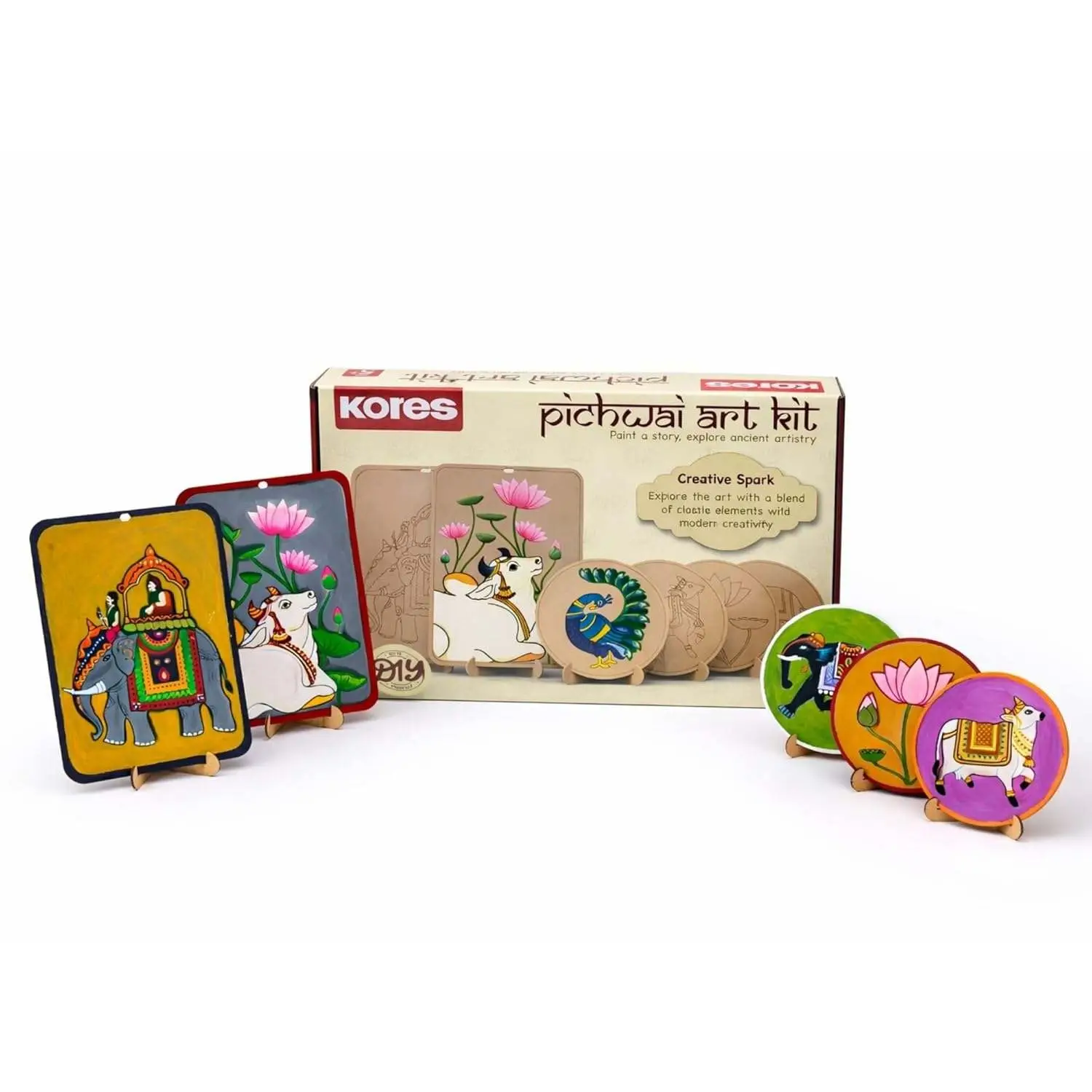 Kores Pichwai Art Kit for Kids (Age 5+) | DIY MDF Painting Kit with Acrylic Colours, Coasters, Hangers, Brushes & Palette | Indian Traditional Art & Craft Set