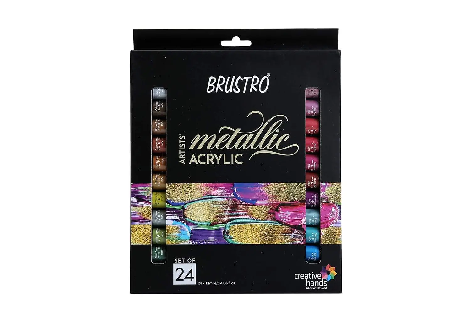 BRUSTRO Artists Metallic Acrylic Colour Paint Set of 24x12ml | Inter-mixable Colors, Ideal for Paper,Canvas,Crafters,Fine Art Students and Professionals
