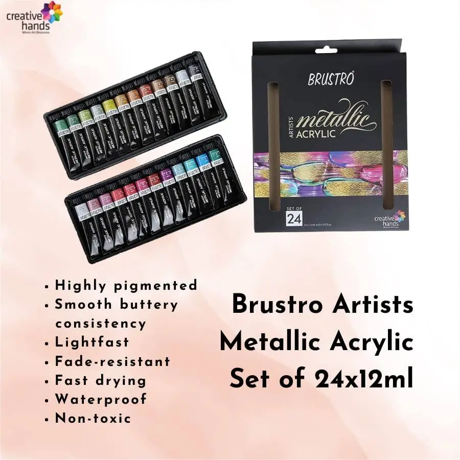 BRUSTRO Artists Metallic Acrylic Colour Paint Set of 24x12ml | Inter-mixable Colors, Ideal for Paper,Canvas,Crafters,Fine Art Students and Professionals view 2