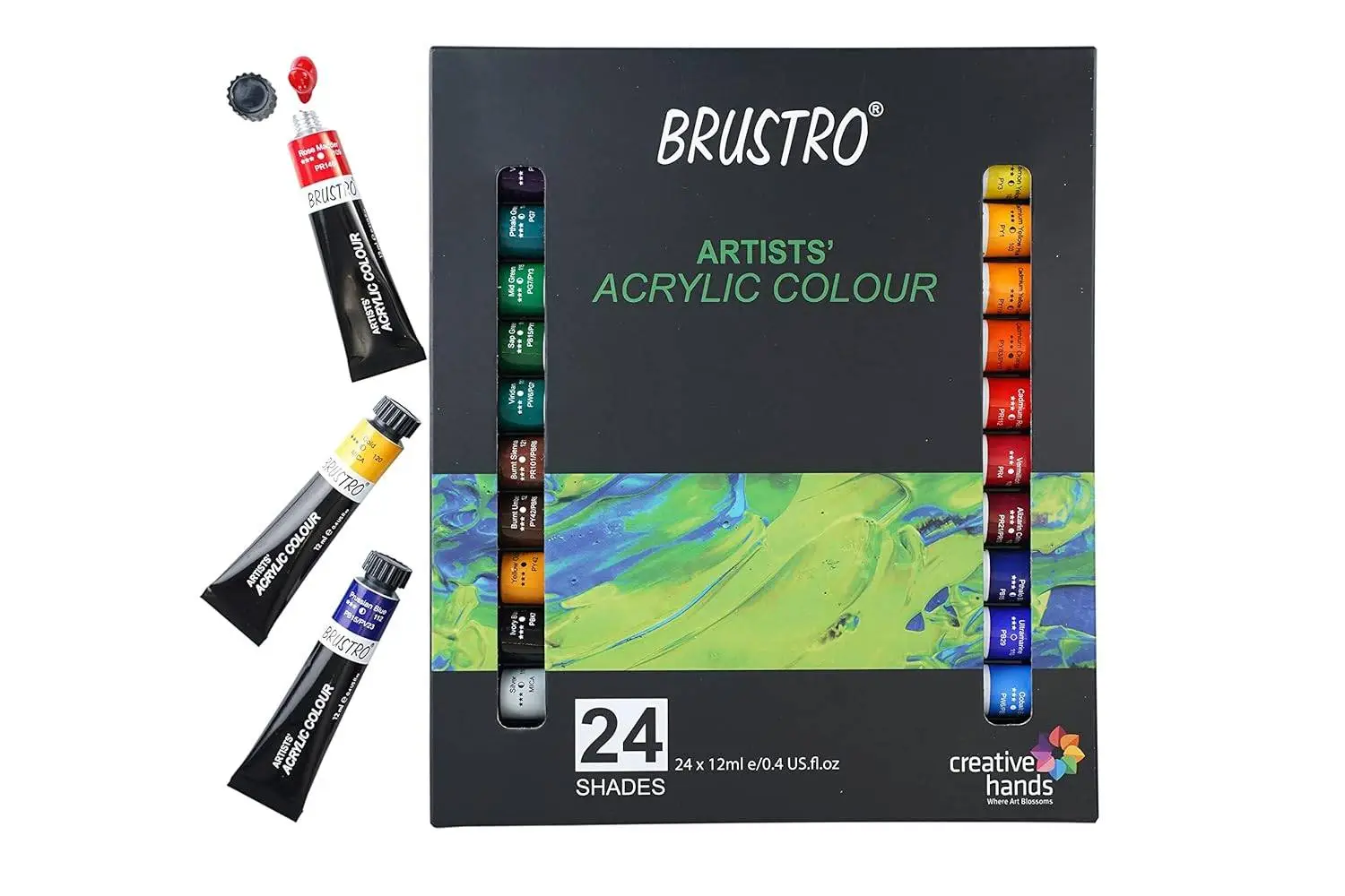 BRUSTRO Acrylic Paint colour set | Set of 24 Colours X 12ml Tubes | Highly pigmented, Opaque Colors, Intermixable, Great Opacity, Perfect For Students, Adults, Beginners, Professionals and Artists
