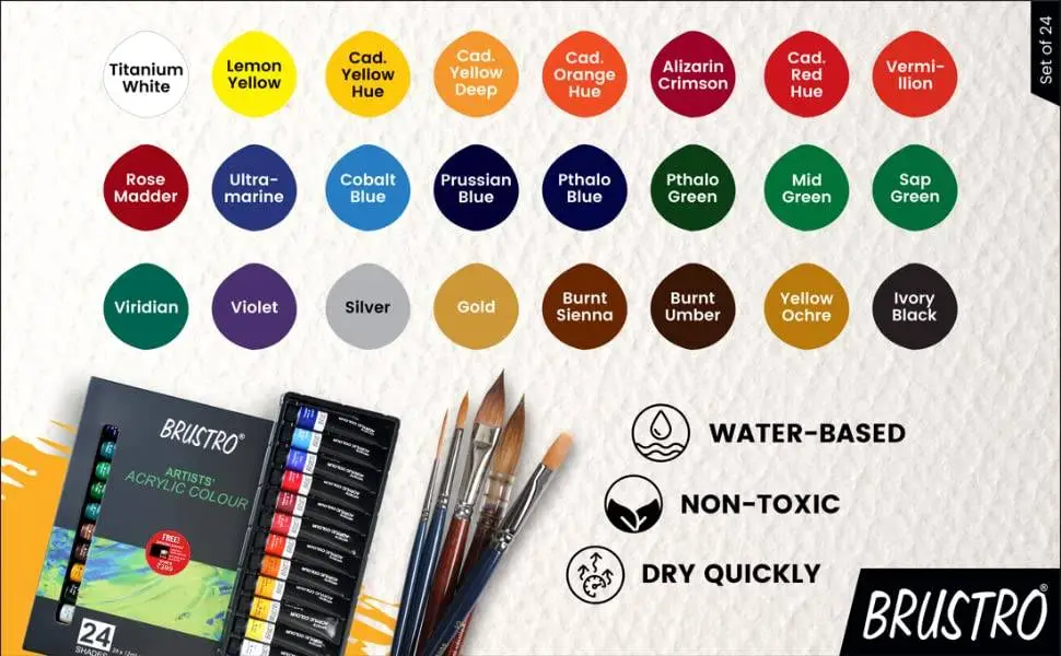 BRUSTRO Acrylic Paint colour set | Set of 24 Colours X 12ml Tubes | Highly pigmented, Opaque Colors, Intermixable, Great Opacity, Perfect For Students, Adults, Beginners, Professionals and Artists view 4