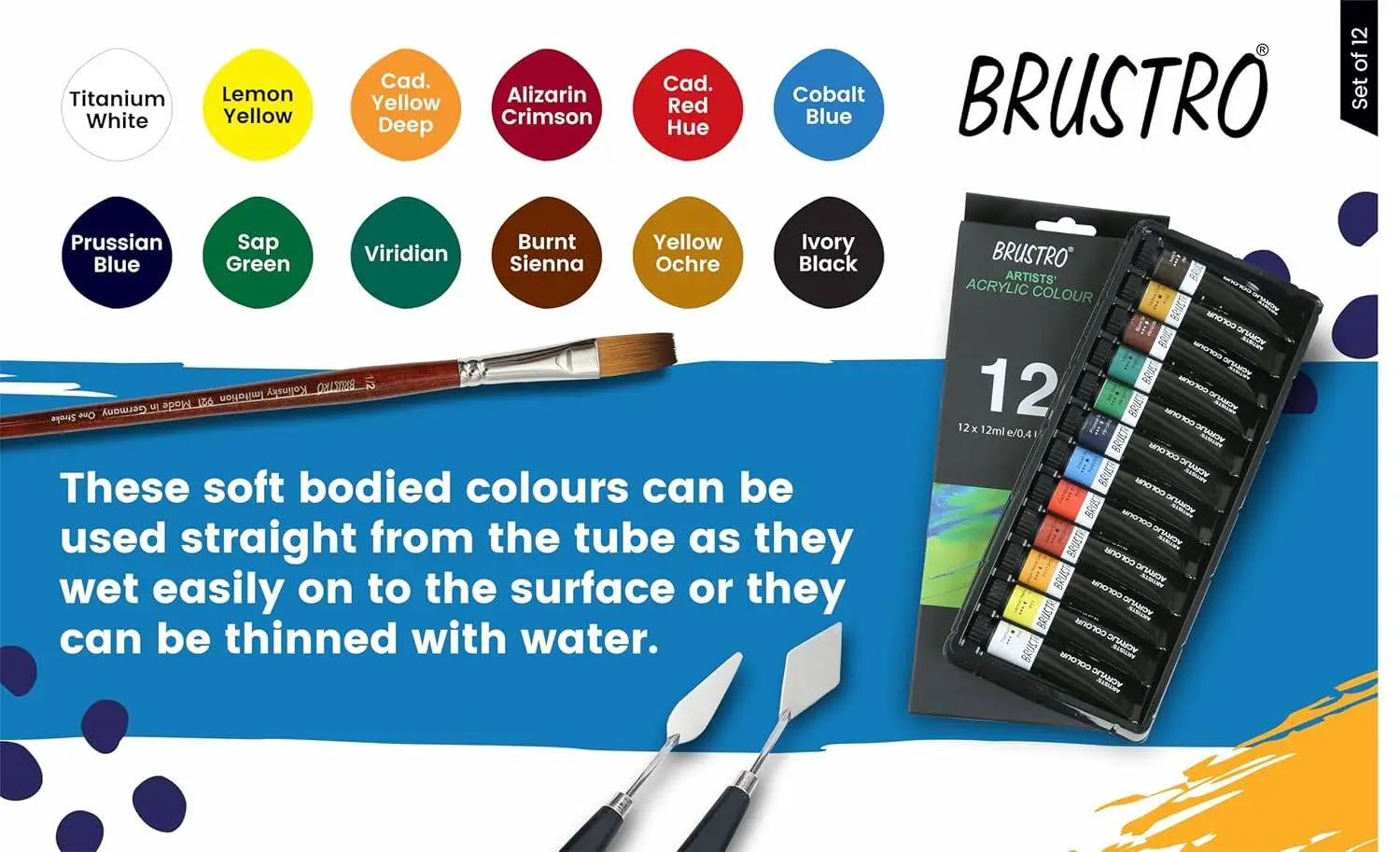 BRUSTRO Artist's Acrylic Colour | Set of 12 Colors X 12ml Tubes | Ideal for Students and Adults,for Canvas, Wood, Leather, Portrait, Pouring Medium Art view 3