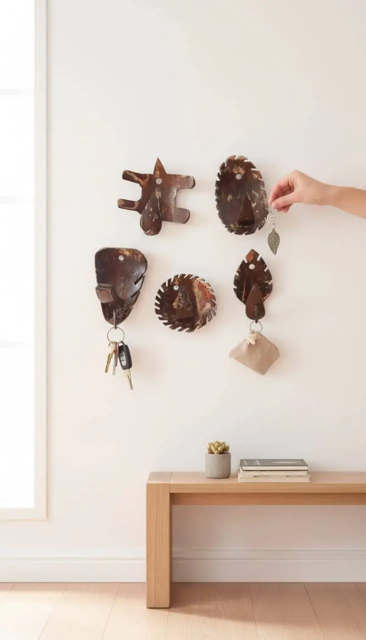 Handcrafted Coconut Shell Keychain Holder | Eco-Friendly Wall Key Organizer with Rustic Hooks- Set of 5 hooks