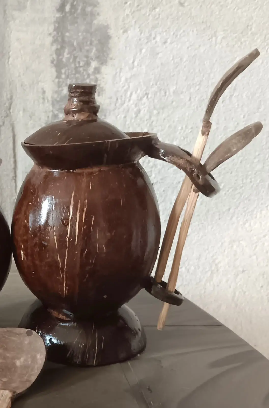 Handcrafted Coconut Shell Jar with Spoon Holder | Eco-Friendly Natural Storage Jar for Salt, Sugar & Spices