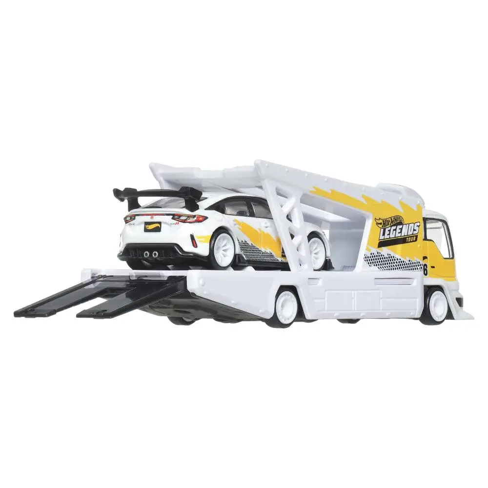 Hot Wheels Premium Toy Cars, 1:64 Scale Kousoku Team Transport Hauler & Honda Civic Type R with Real Riders Tires & Metal/Metal Body & Chassis view 4
