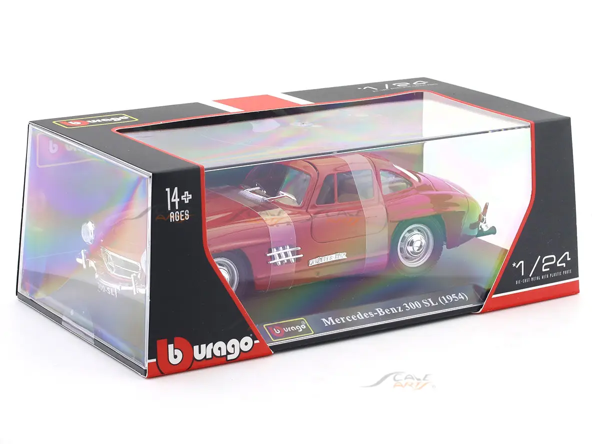 1954 Mercedes-Benz 300SL Red with Acrylic Case 1:24 Bburago Licensed Diecast Scale Model Car Collectible view 3