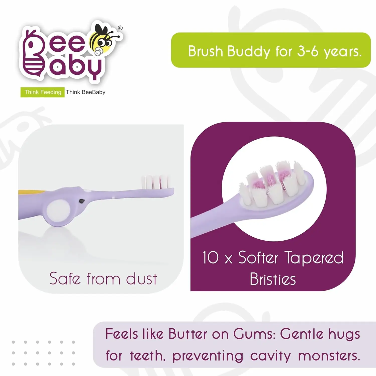BeeBaby Brush Buddy Baby Toothbrush for Kids 3-6 Years, Ultra Soft Tapered Bristles Toddler Toothbrush for Milk & Permanent Teeth, BPA Free Easy Grip Toothbrush for Sensitive Gums - Violet Elephant view 2