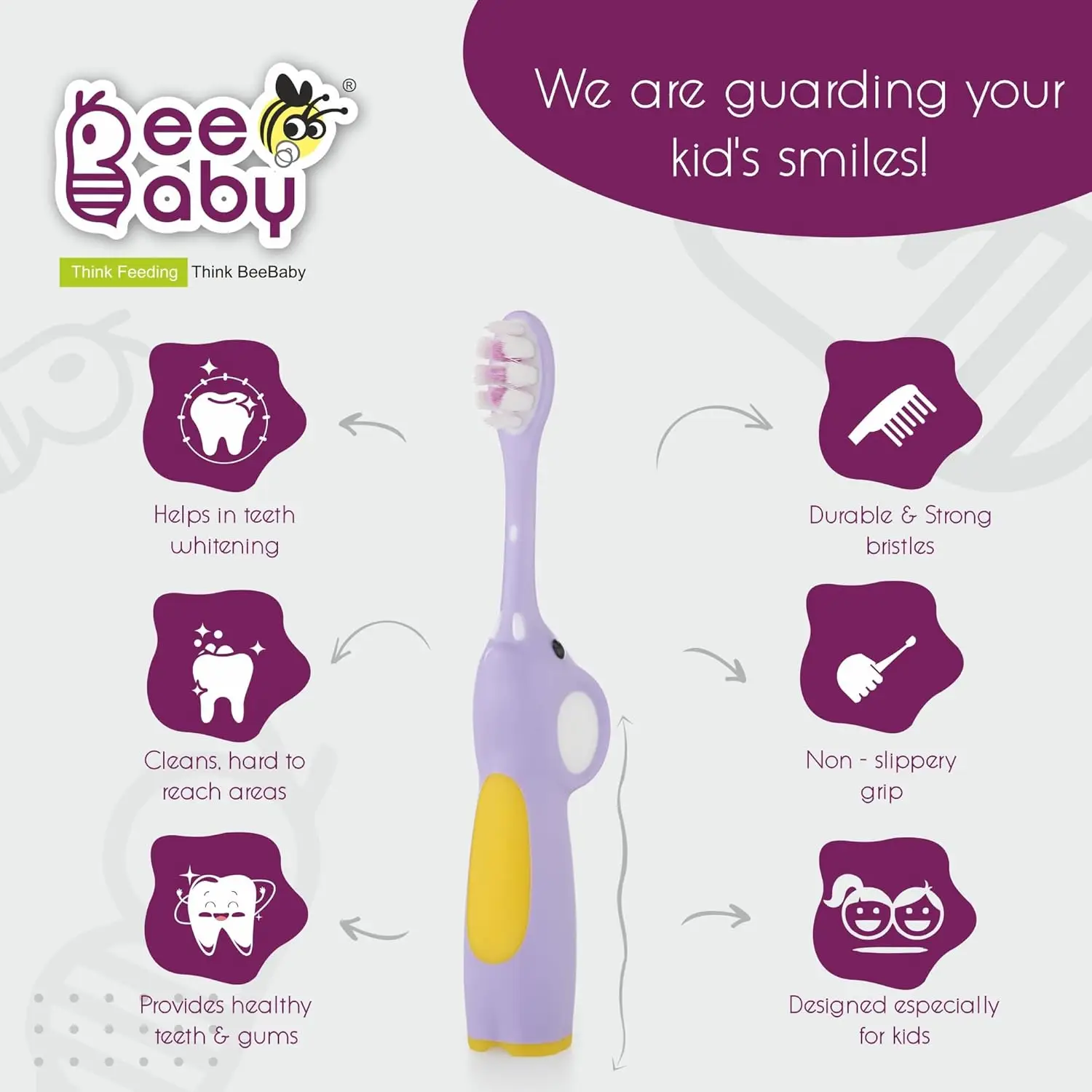 BeeBaby Brush Buddy Baby Toothbrush for Kids 3-6 Years, Ultra Soft Tapered Bristles Toddler Toothbrush for Milk & Permanent Teeth, BPA Free Easy Grip Toothbrush for Sensitive Gums - Violet Elephant view 3