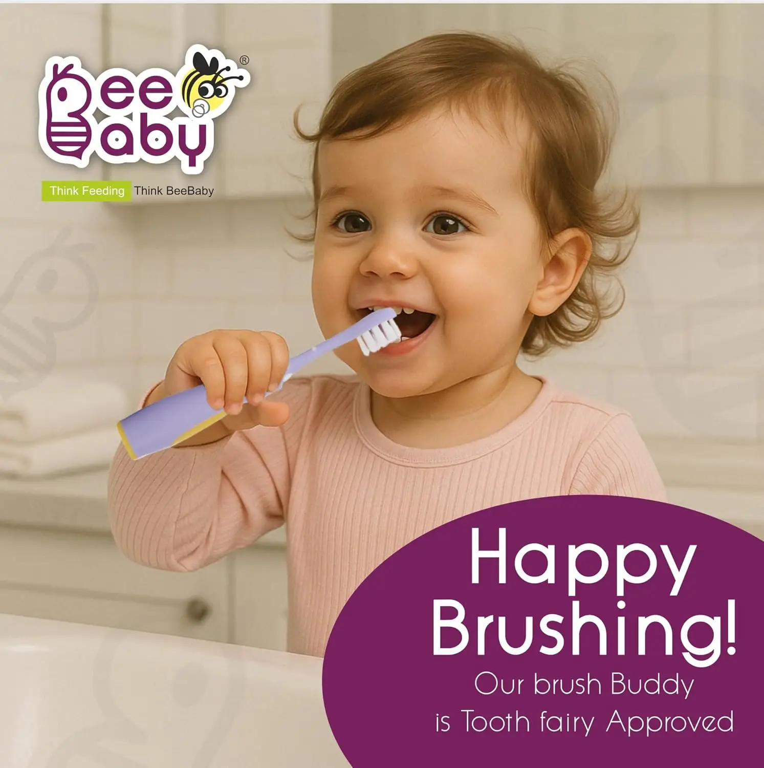 BeeBaby Brush Buddy Baby Toothbrush for Kids 3-6 Years, Ultra Soft Tapered Bristles Toddler Toothbrush for Milk & Permanent Teeth, BPA Free Easy Grip Toothbrush for Sensitive Gums - Violet Elephant view 5
