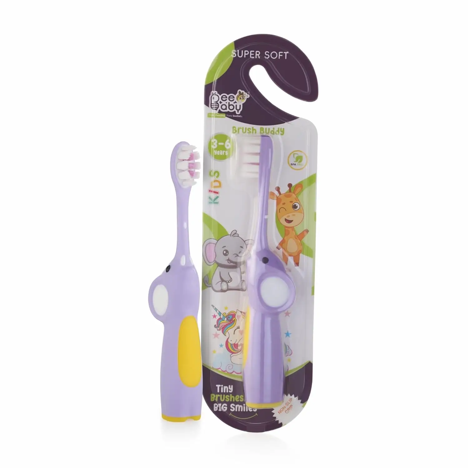 BeeBaby Brush Buddy Baby Toothbrush for Kids 3-6 Years, Ultra Soft Tapered Bristles Toddler Toothbrush for Milk & Permanent Teeth, BPA Free Easy Grip Toothbrush for Sensitive Gums - Violet Elephant view 7