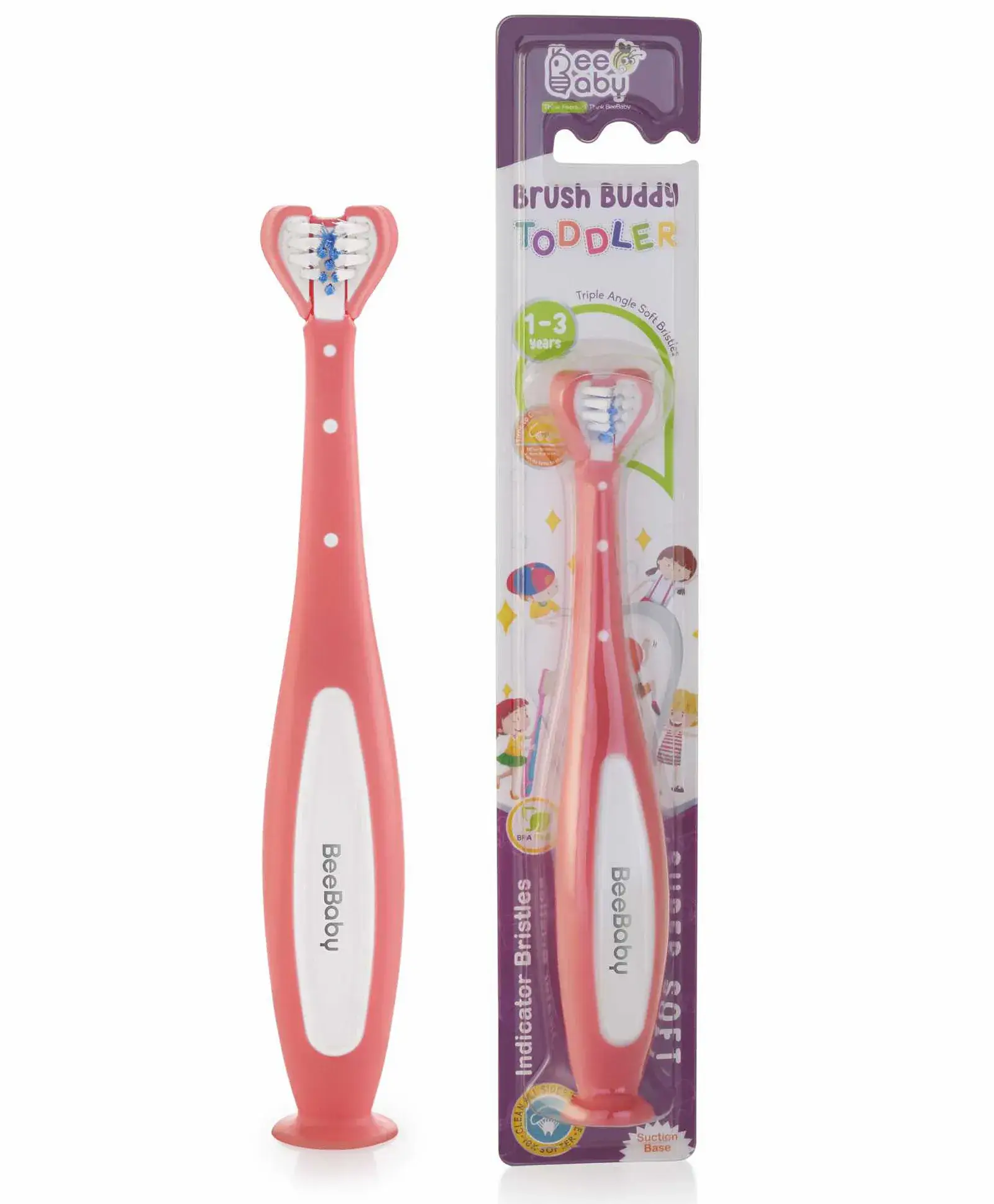 Beebaby BeeBaby Triple Angle Brush Buddy Toothbrush for Kids 1-3 Years. Suction Cup, 3 Side Super Soft Time to Change Indicator Bristles Ideal for Milk & Permanent Teeth. 100% BPA Free. Pink