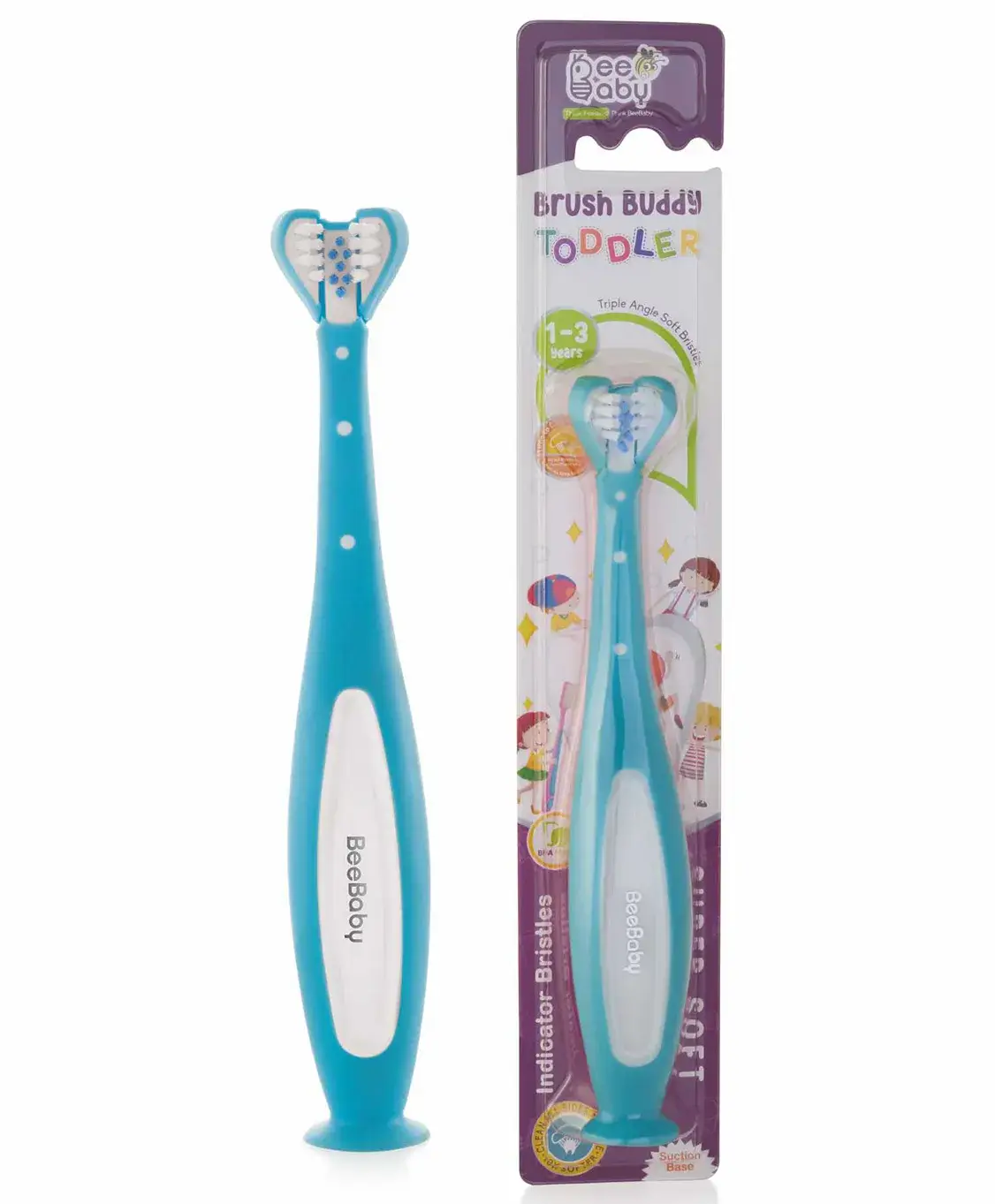 Beebaby BeeBaby Triple Angle Brush Buddy Toothbrush for Kids 1-3 Years. Suction Cup, 3 Side Super Soft Time to Change Indicator Bristles Ideal for Milk & Permanent Teeth. 100% BPA Free. blue